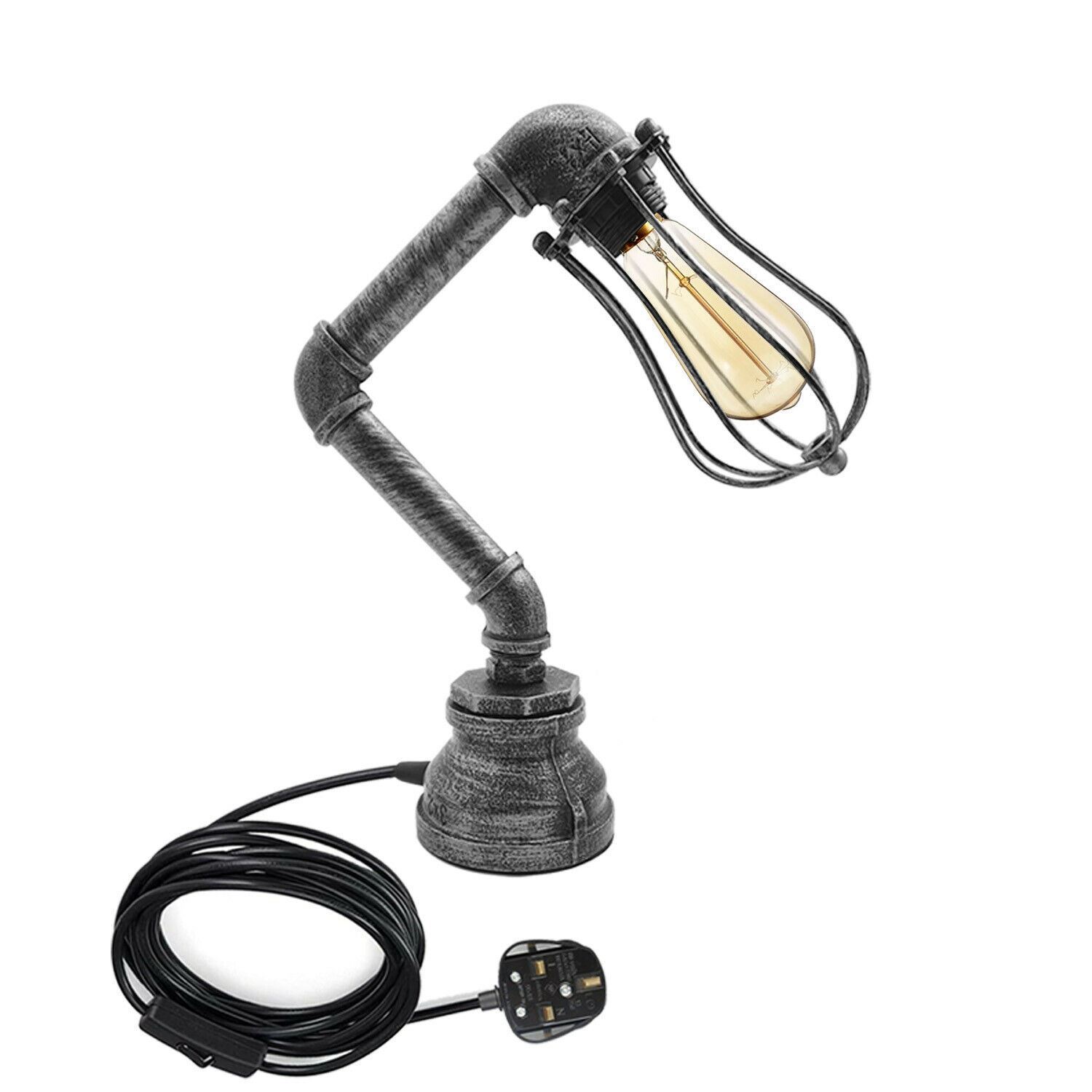 Industrial Iron Water Pipe Table Lamp with a wire cage, showcasing rustic design and multiple color options.