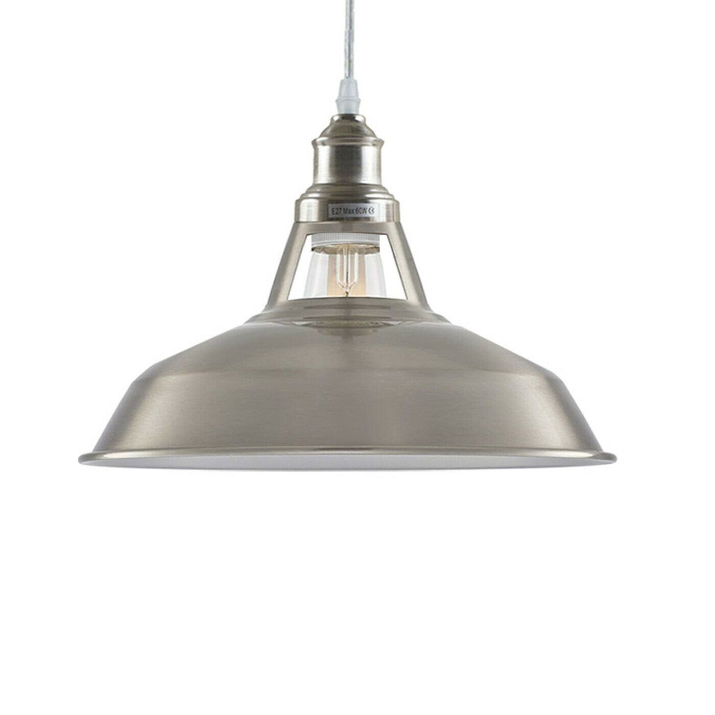 Industrial Light Barn Pendant Lighting in satin nickel finish, showcasing a retro loft style design, perfect for modern interiors.