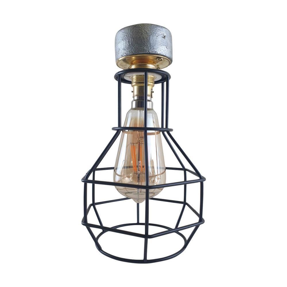 Industrial Lighting Ceiling and Wall Iron Pipe Cage Light featuring a galvanized conduit design and brass finish lamp holder.