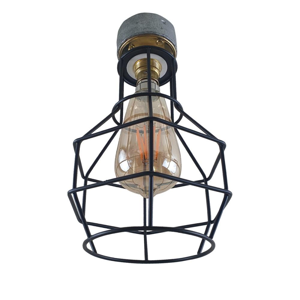 Industrial Lighting Ceiling and Wall Iron Pipe Cage Light featuring a galvanized conduit design and brass finish lamp holder.