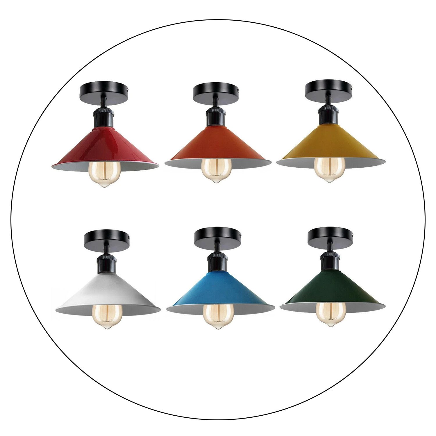 Industrial pendant lighting with a metal ceiling shade, available in multiple colors, perfect for modern living rooms.