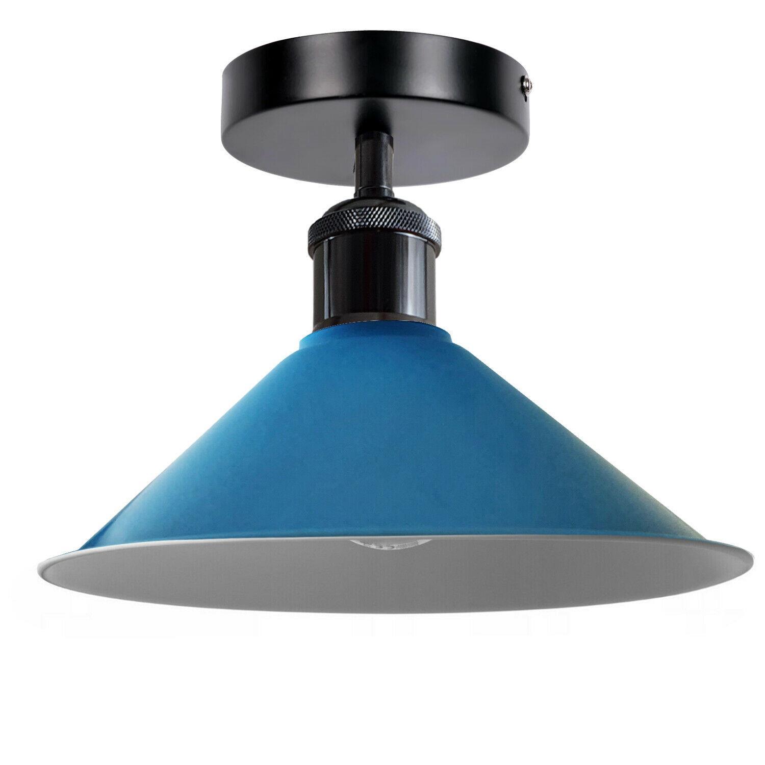 Industrial pendant lighting with a metal ceiling shade, available in multiple colors, perfect for modern living rooms.