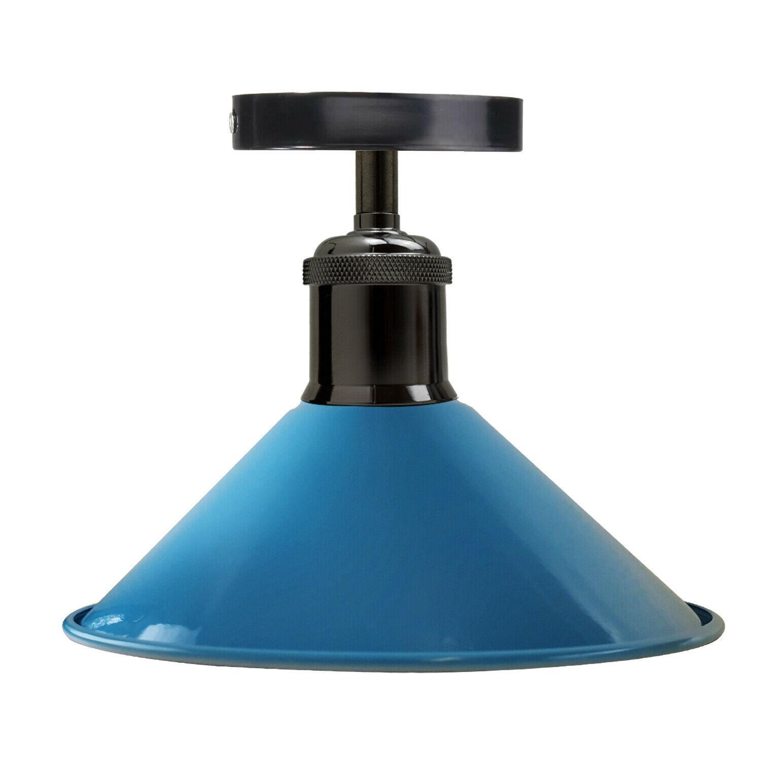 Industrial pendant lighting with a metal ceiling shade, available in multiple colors, perfect for modern living rooms.