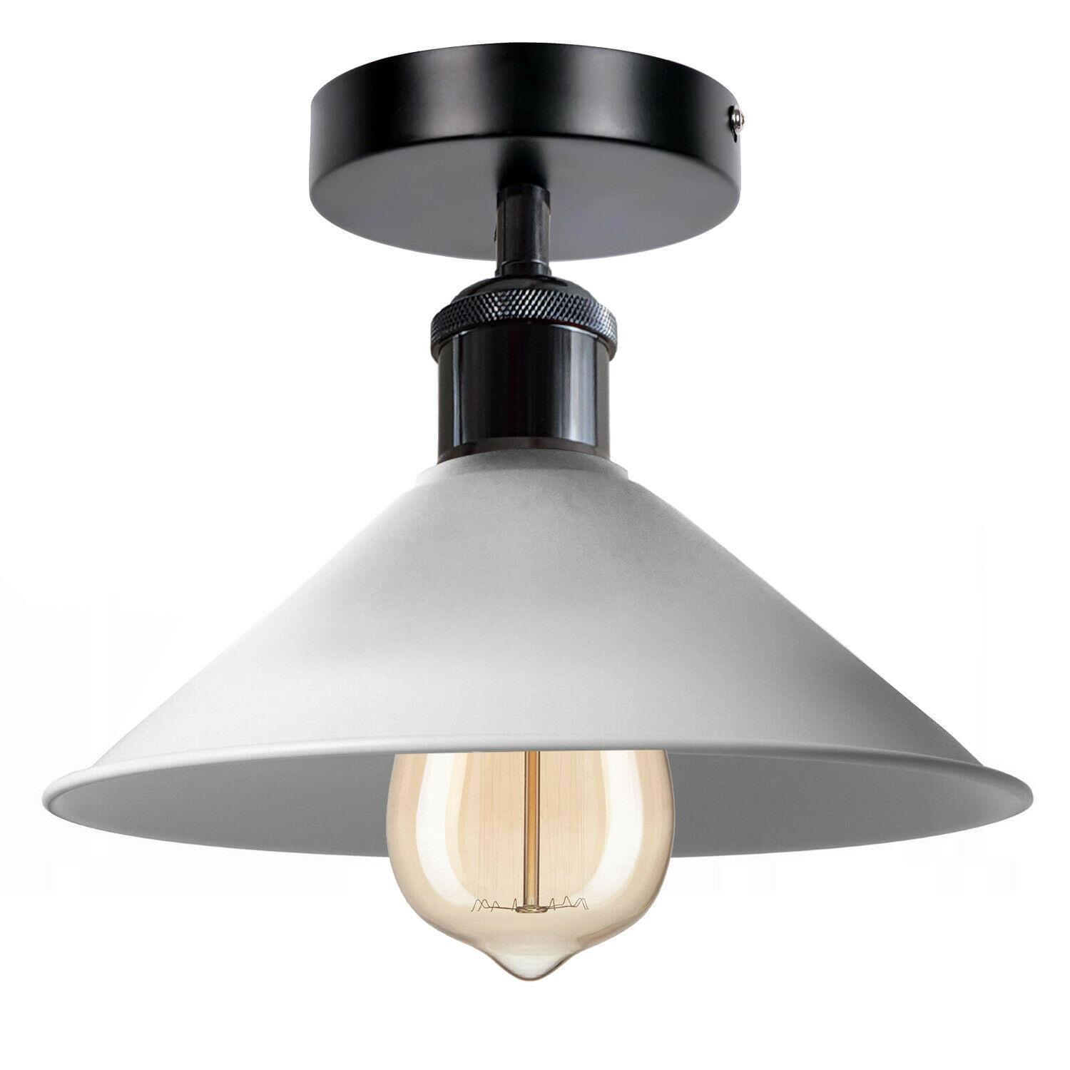 Industrial pendant lighting with a metal ceiling shade, available in multiple colors, perfect for modern living rooms.