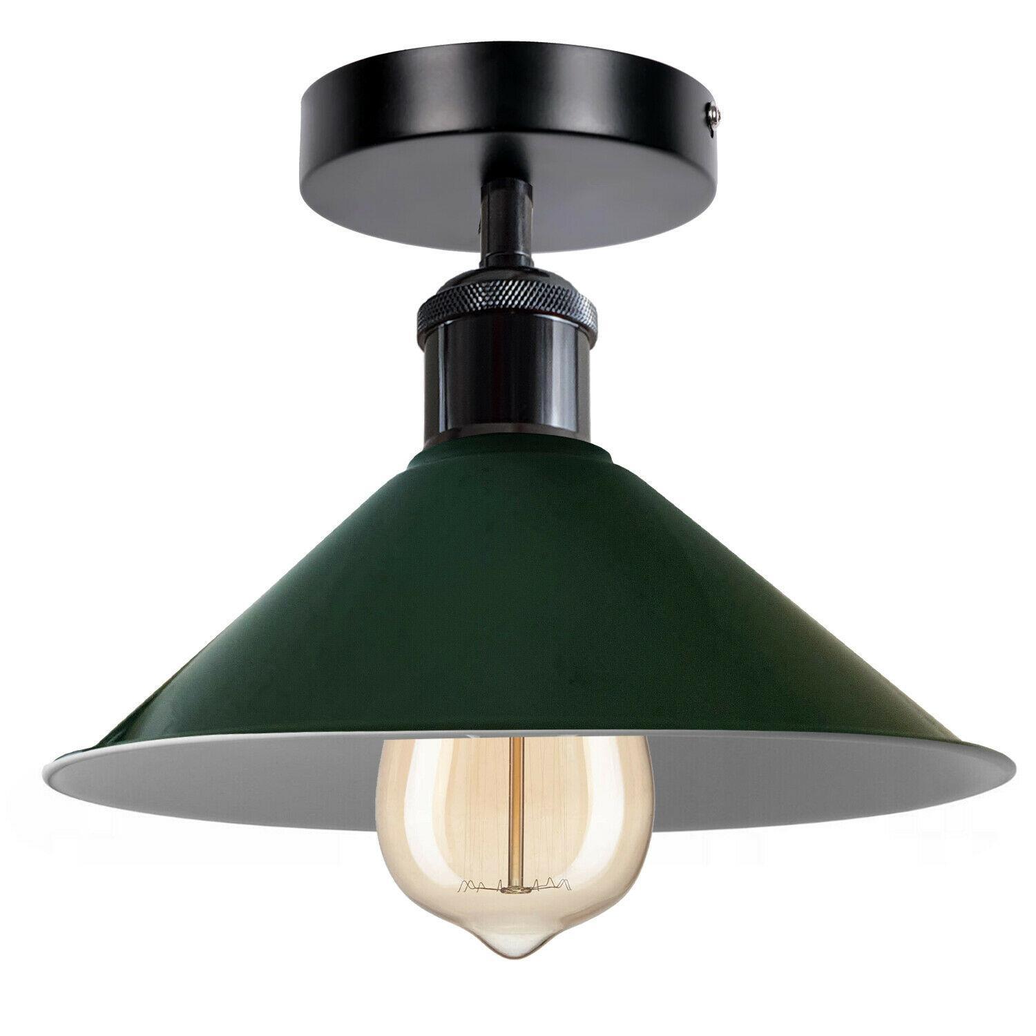 Industrial pendant lighting with a metal ceiling shade, available in multiple colors, perfect for modern living rooms.