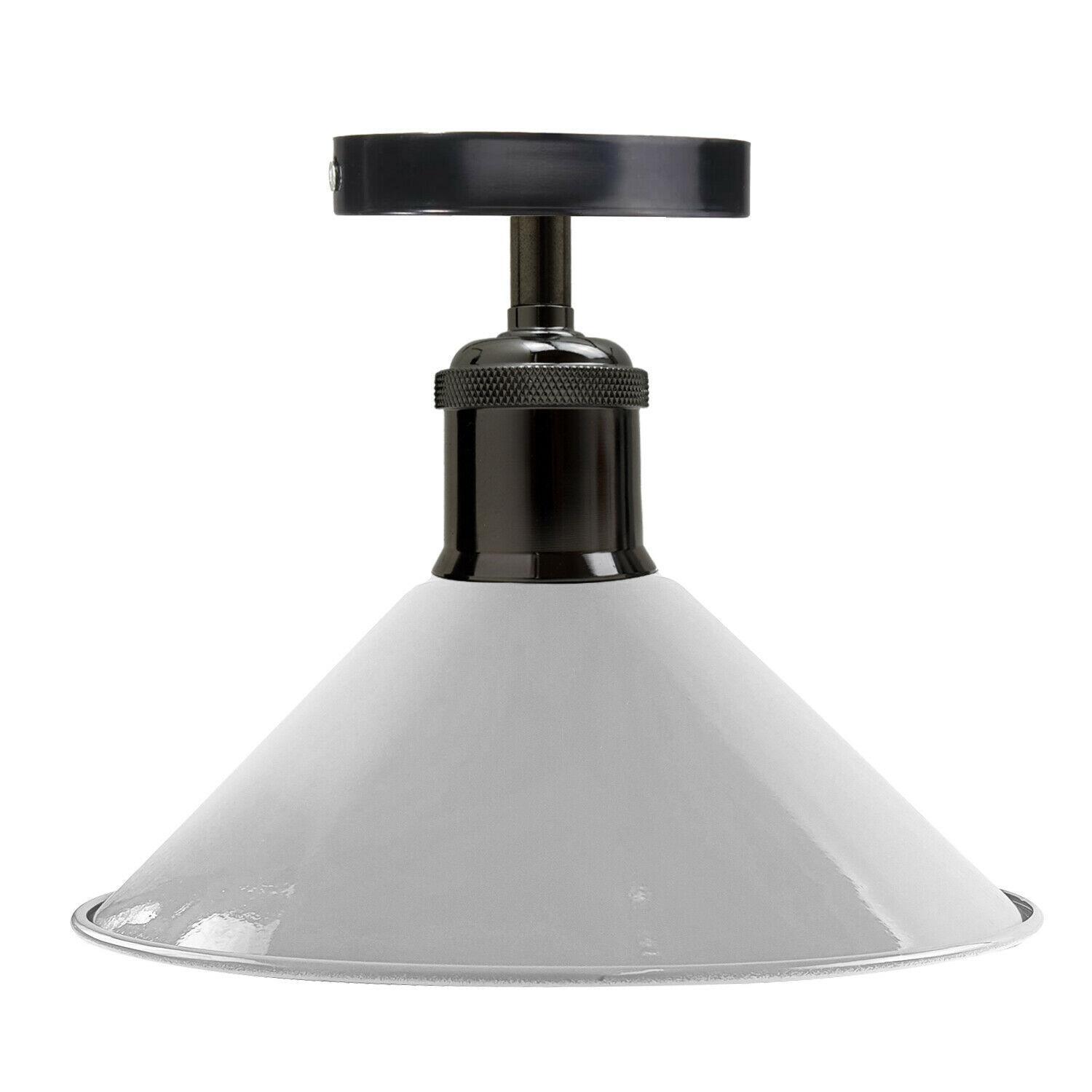 Industrial pendant lighting with a metal ceiling shade, available in multiple colors, perfect for modern living rooms.