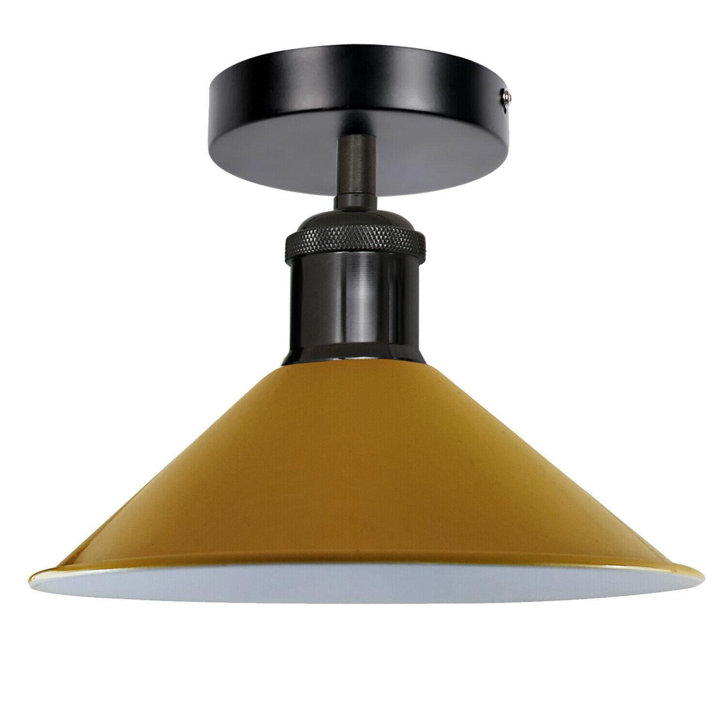 Industrial pendant lighting with a metal ceiling shade, available in multiple colors, perfect for modern living rooms.