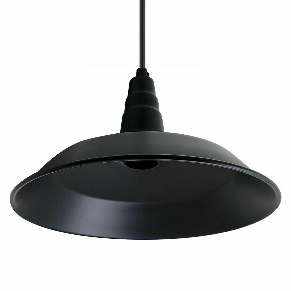 Industrial matte black pendant lighting shade in bowl shape, showcasing vintage design and metal construction.