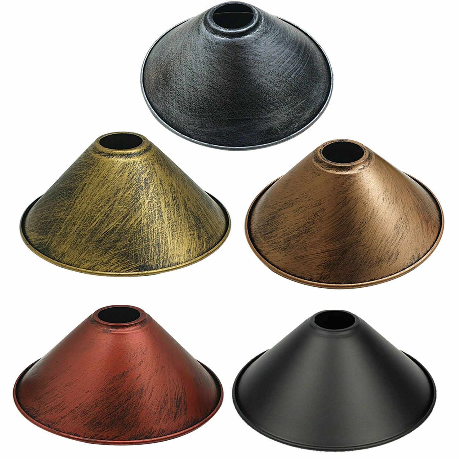 Industrial Metal Cone Ceiling Lamp Shade in various colors including black, brushed copper, brushed silver, brushed brass, and rustic red, showcasing a modern design.