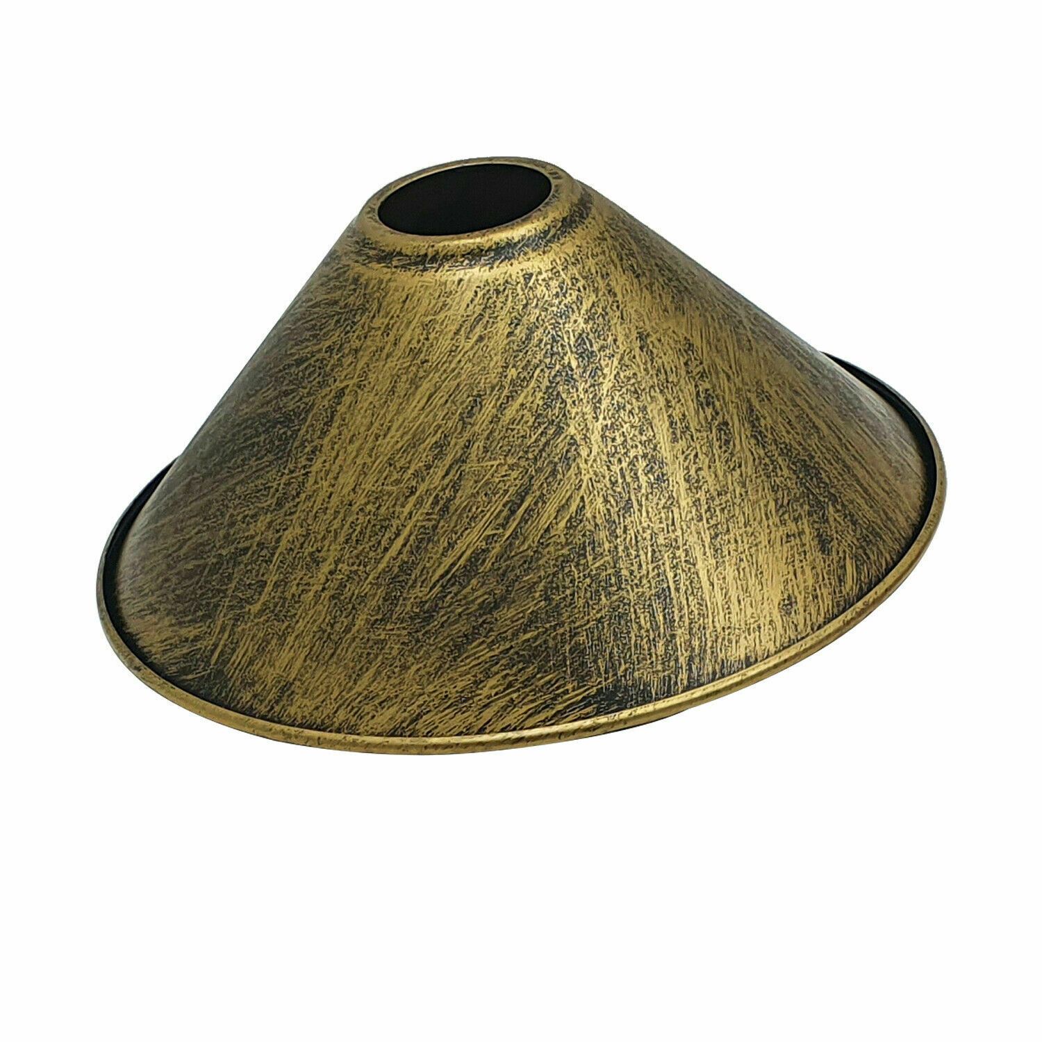 Industrial Metal Cone Ceiling Lamp Shade in various colors including black, brushed copper, brushed silver, brushed brass, and rustic red, showcasing a modern design.