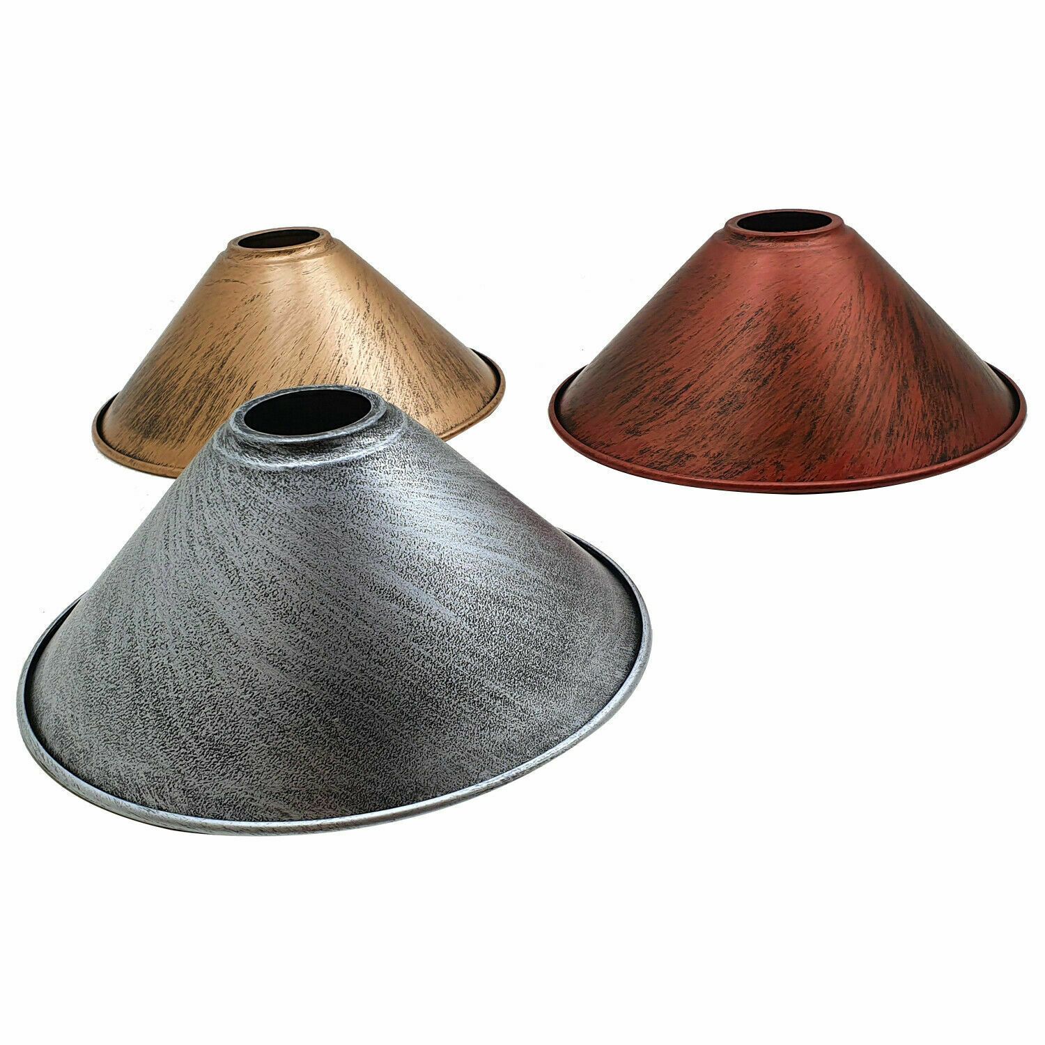 Industrial Metal Cone Ceiling Lamp Shade in various colors including black, brushed copper, brushed silver, brushed brass, and rustic red, showcasing a modern design.