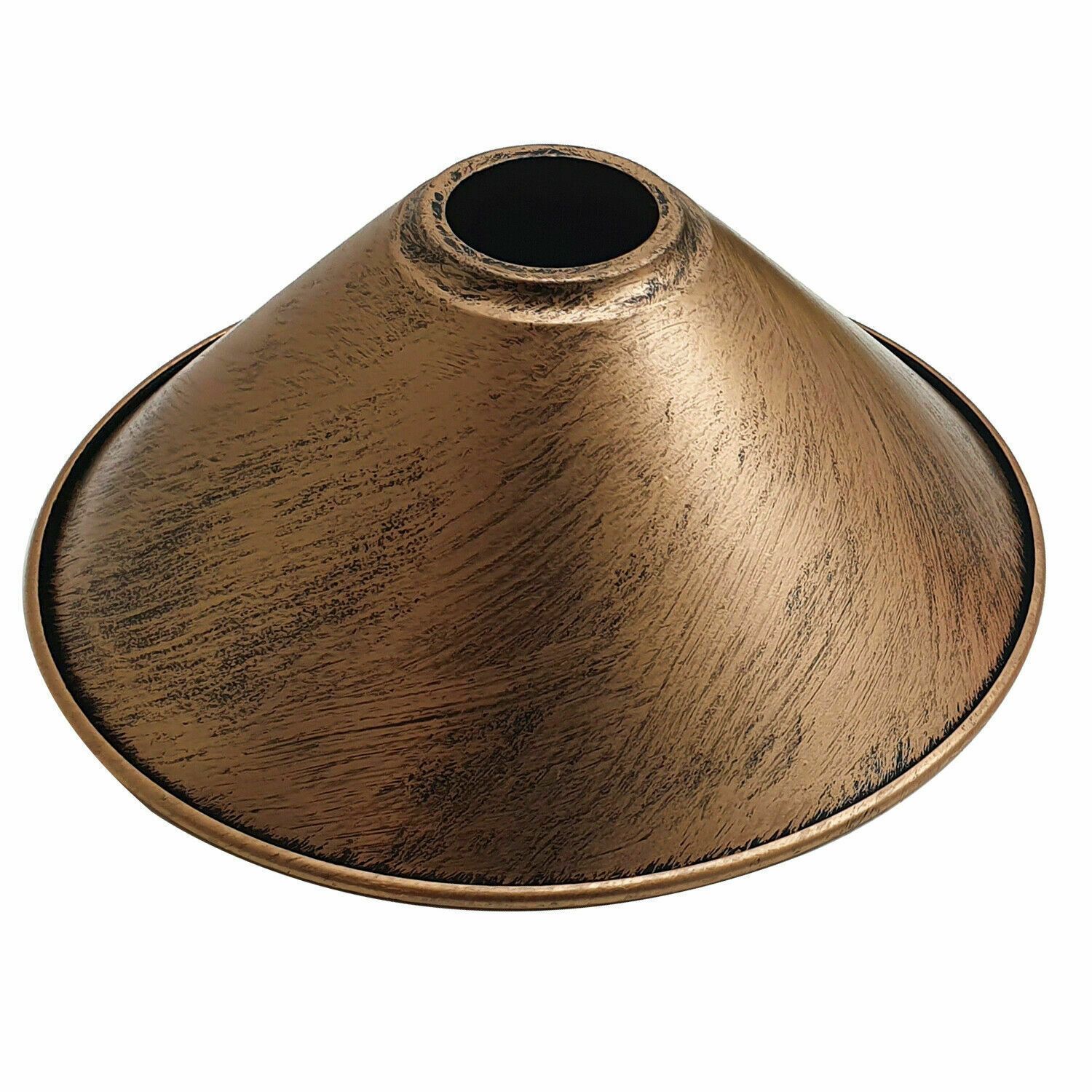 Industrial Metal Cone Ceiling Lamp Shade in various colors including black, brushed copper, brushed silver, brushed brass, and rustic red, showcasing a modern design.