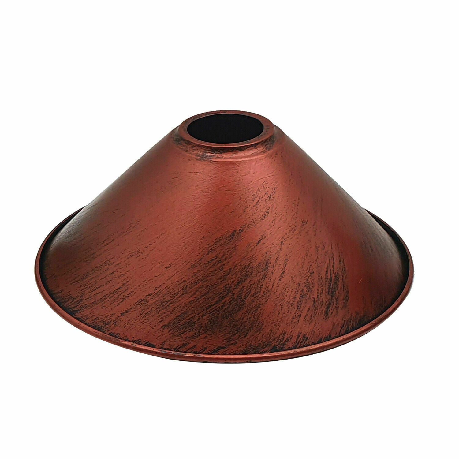 Industrial Metal Cone Ceiling Lamp Shade in various colors including black, brushed copper, brushed silver, brushed brass, and rustic red, showcasing a modern design.