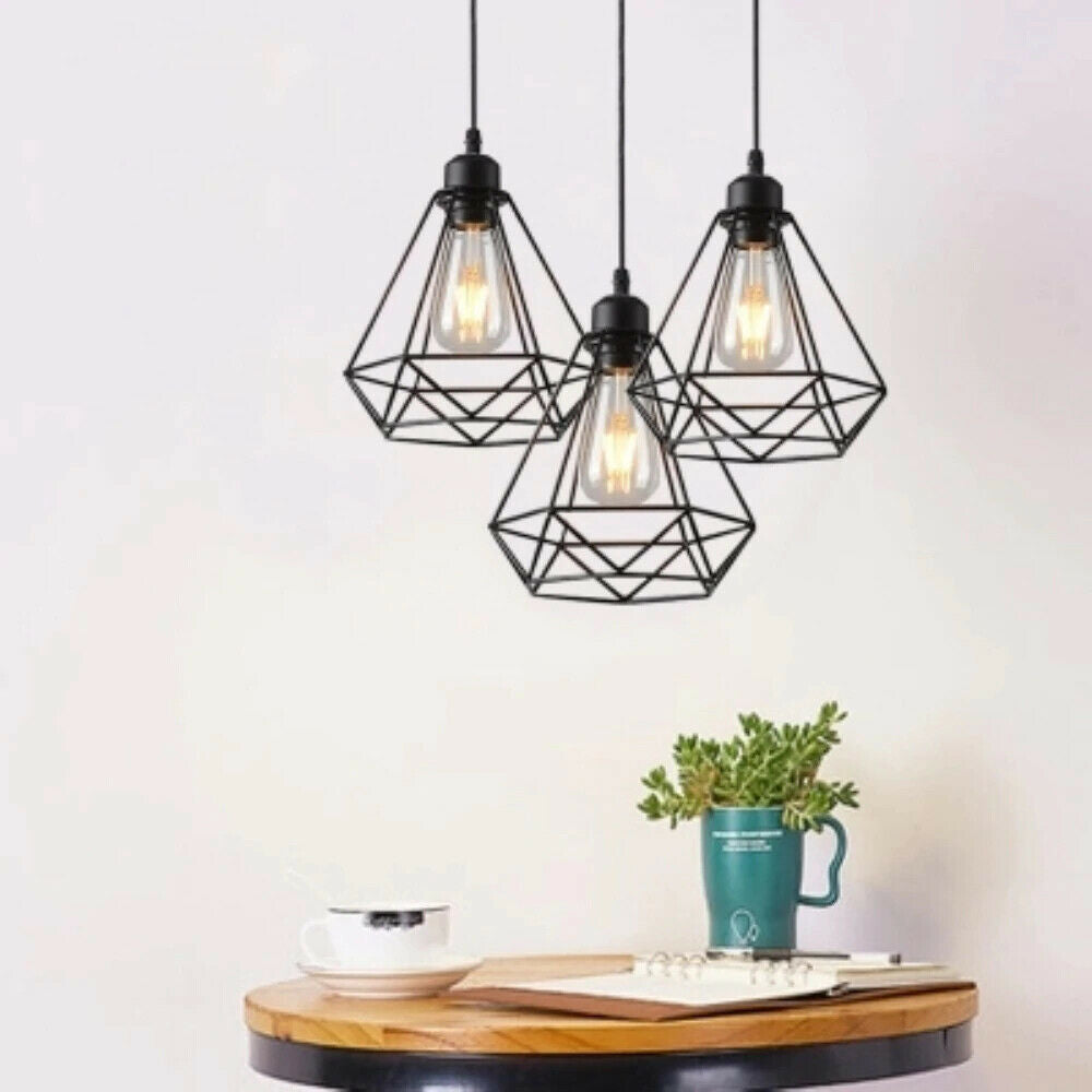 Industrial Metal Geometric Cage Pendant Light in black, showcasing its unique geometric design and durable metal construction.