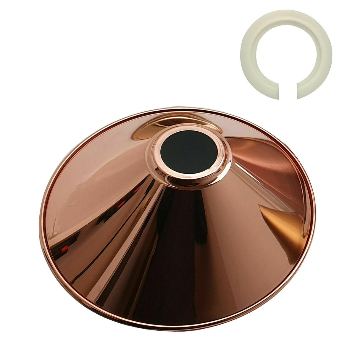 Industrial Metal Rose Gold Easy Fit Lampshade showcasing a stylish design with a rose gold finish, perfect for modern interiors.