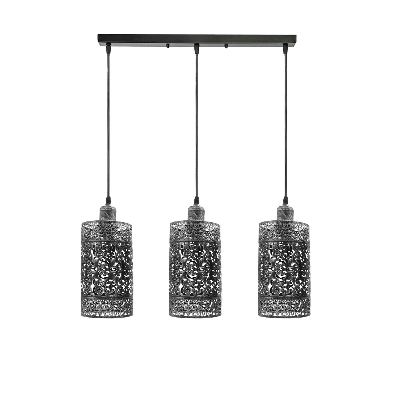 Industrial Modern 3 Way Retro Brushed Silver Cage Ceiling Hanging light with three E27 lamp holders and a stylish vintage design.