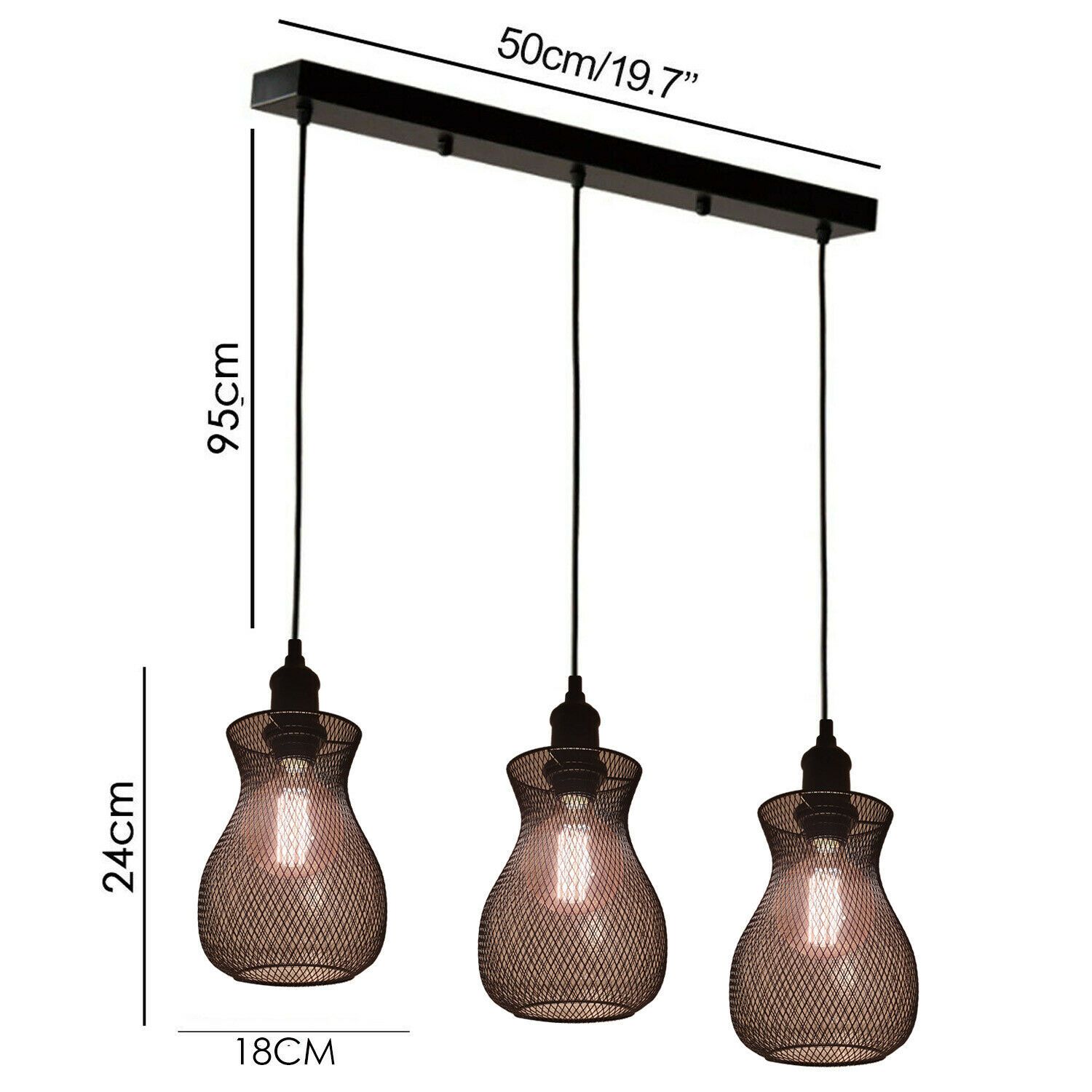 Industrial Modern Vintage Triple Ceiling Pendant Lights with three light holders and black metal finish, ideal for home and commercial use.