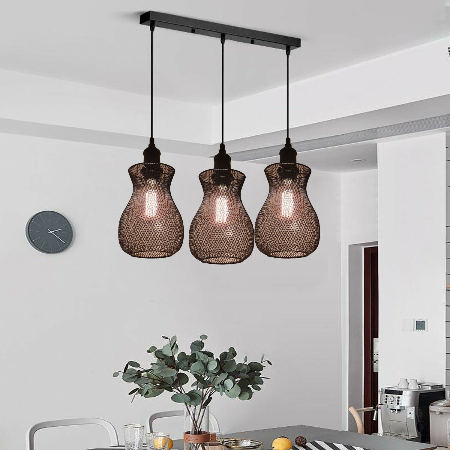 Industrial Modern Vintage Triple Ceiling Pendant Lights with three light holders and black metal finish, ideal for home and commercial use.