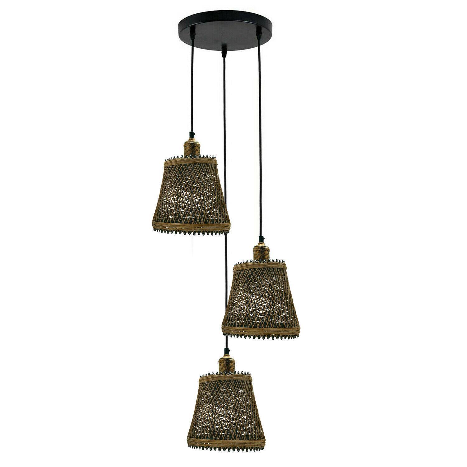 Industrial Rattan Wicker Design Chandelier in Brown, featuring a stylish wicker pattern and three light holders, perfect for home decor.