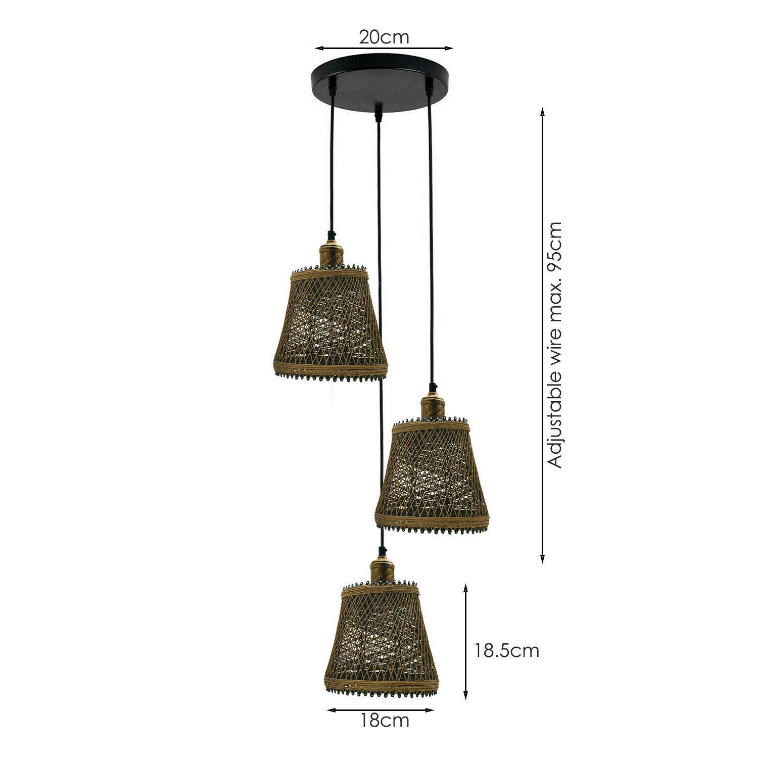 Industrial Rattan Wicker Design Chandelier in Brown, featuring a stylish wicker pattern and three light holders, perfect for home decor.