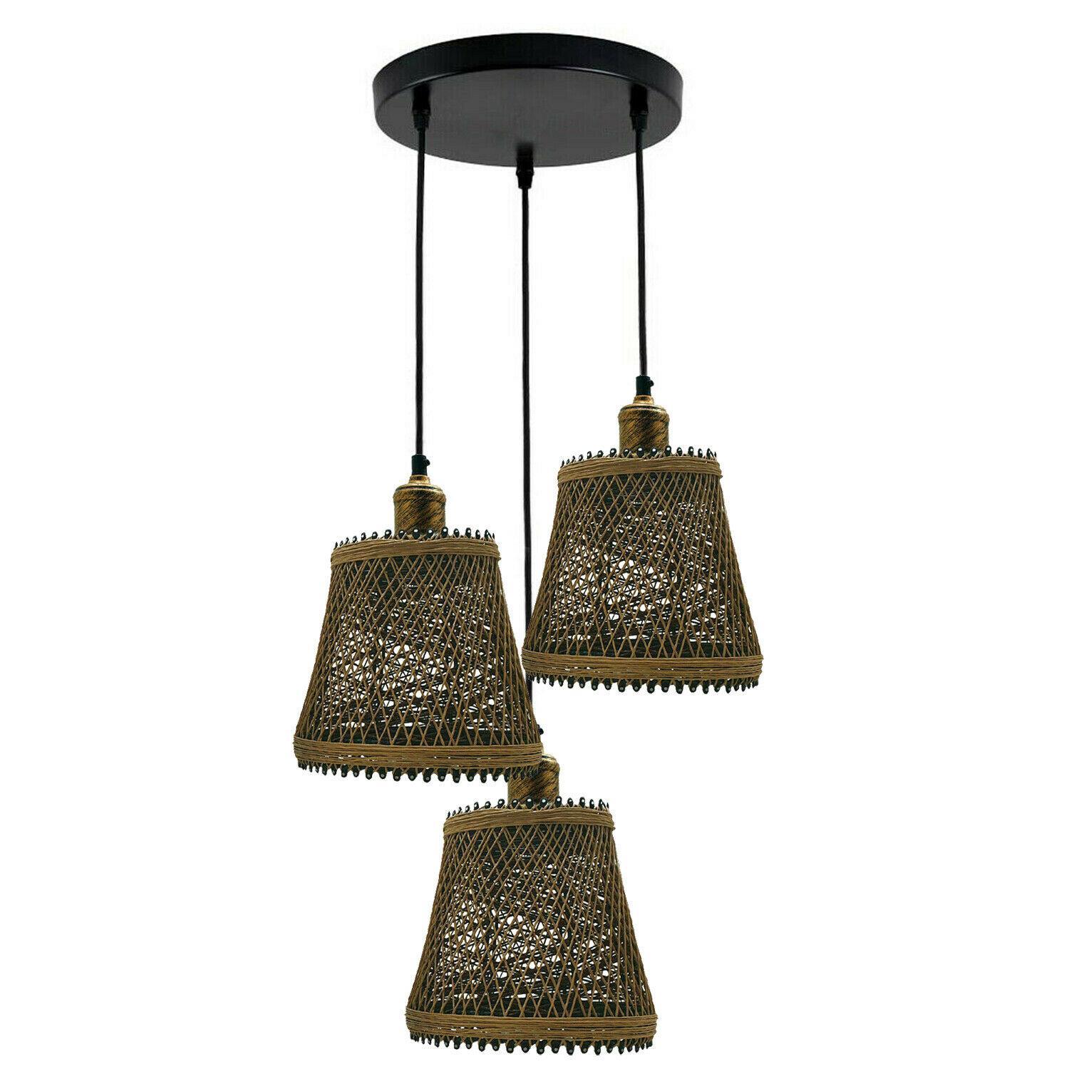 Industrial Rattan Wicker Design Chandelier in Brown, featuring a stylish wicker pattern and three light holders, perfect for home decor.