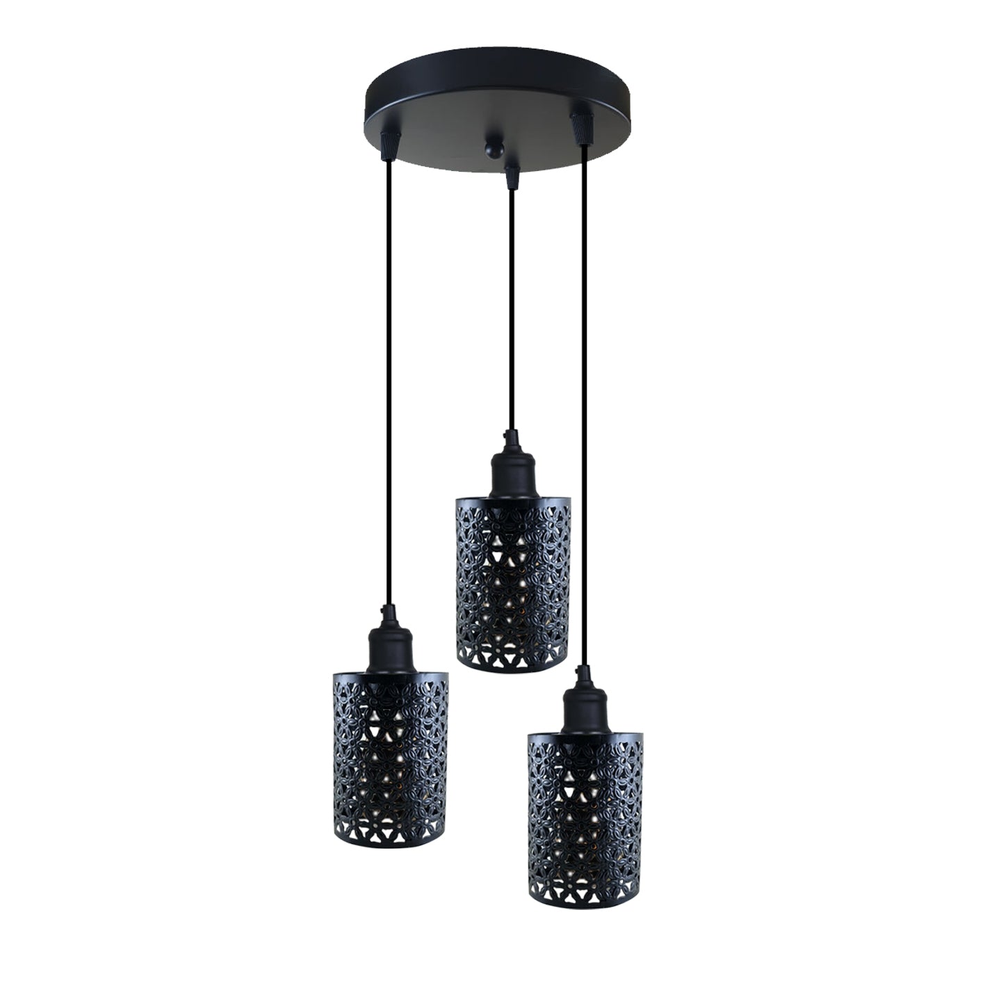 Industrial Retro 3 Way metallic Round Ceiling Pendant Lamp Shade featuring three metallic barrel cages and adjustable cables.