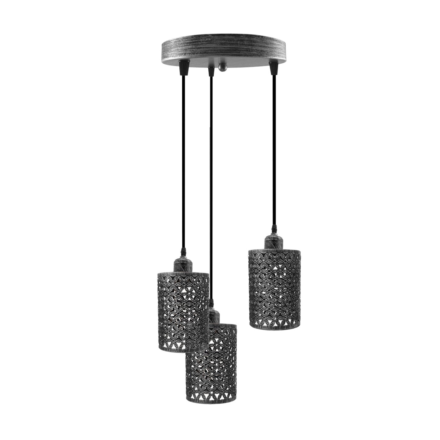 Industrial Retro 3 Way metallic Round Ceiling Pendant Lamp Shade featuring three metallic barrel cages and adjustable cables.