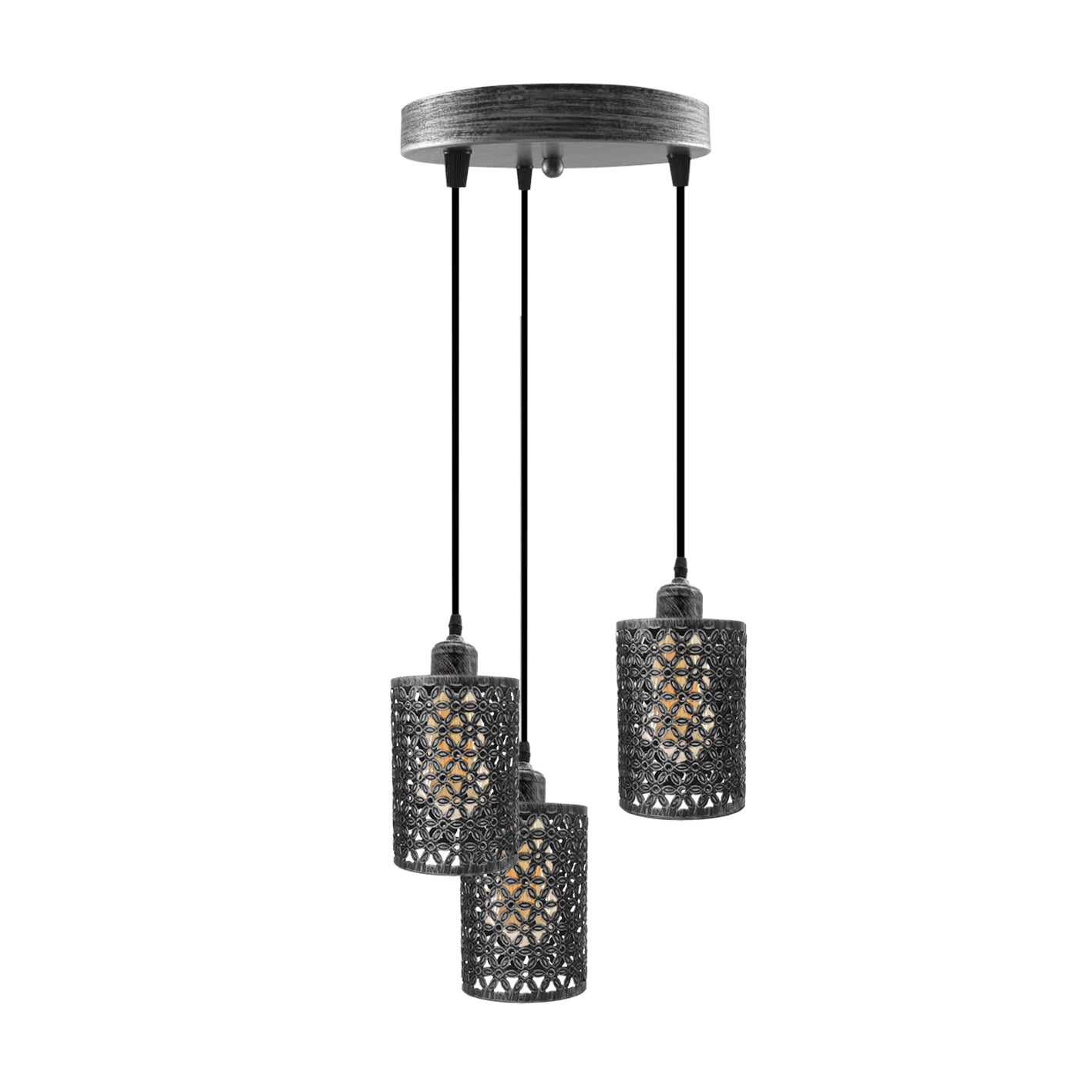 Industrial Retro 3 Way metallic Round Ceiling Pendant Lamp Shade featuring three metallic barrel cages and adjustable cables.