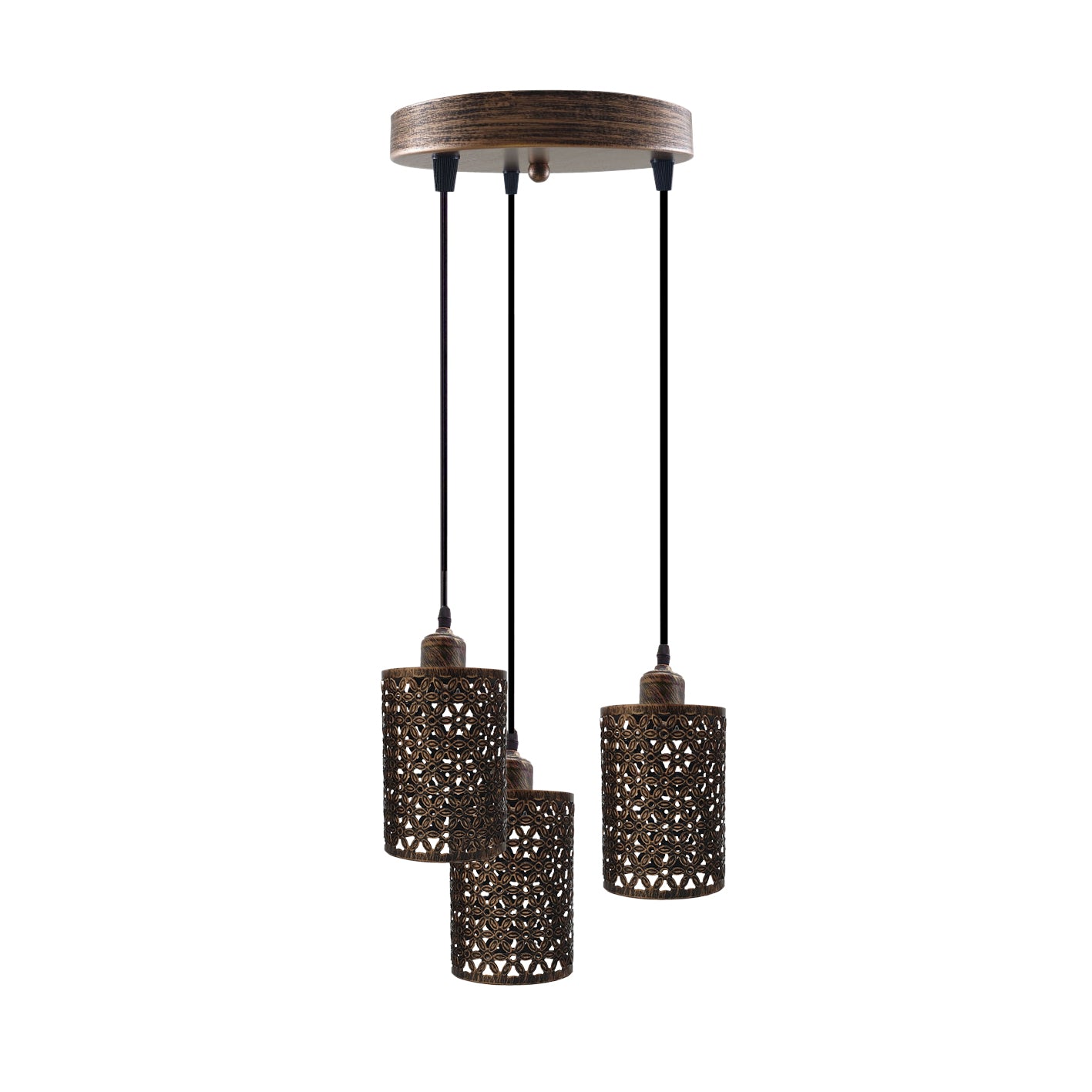 Industrial Retro 3 Way metallic Round Ceiling Pendant Lamp Shade featuring three metallic barrel cages and adjustable cables.