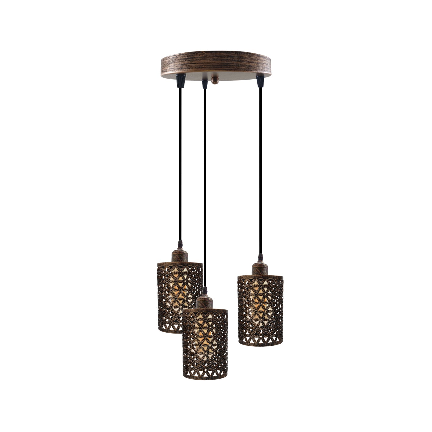 Industrial Retro 3 Way metallic Round Ceiling Pendant Lamp Shade featuring three metallic barrel cages and adjustable cables.