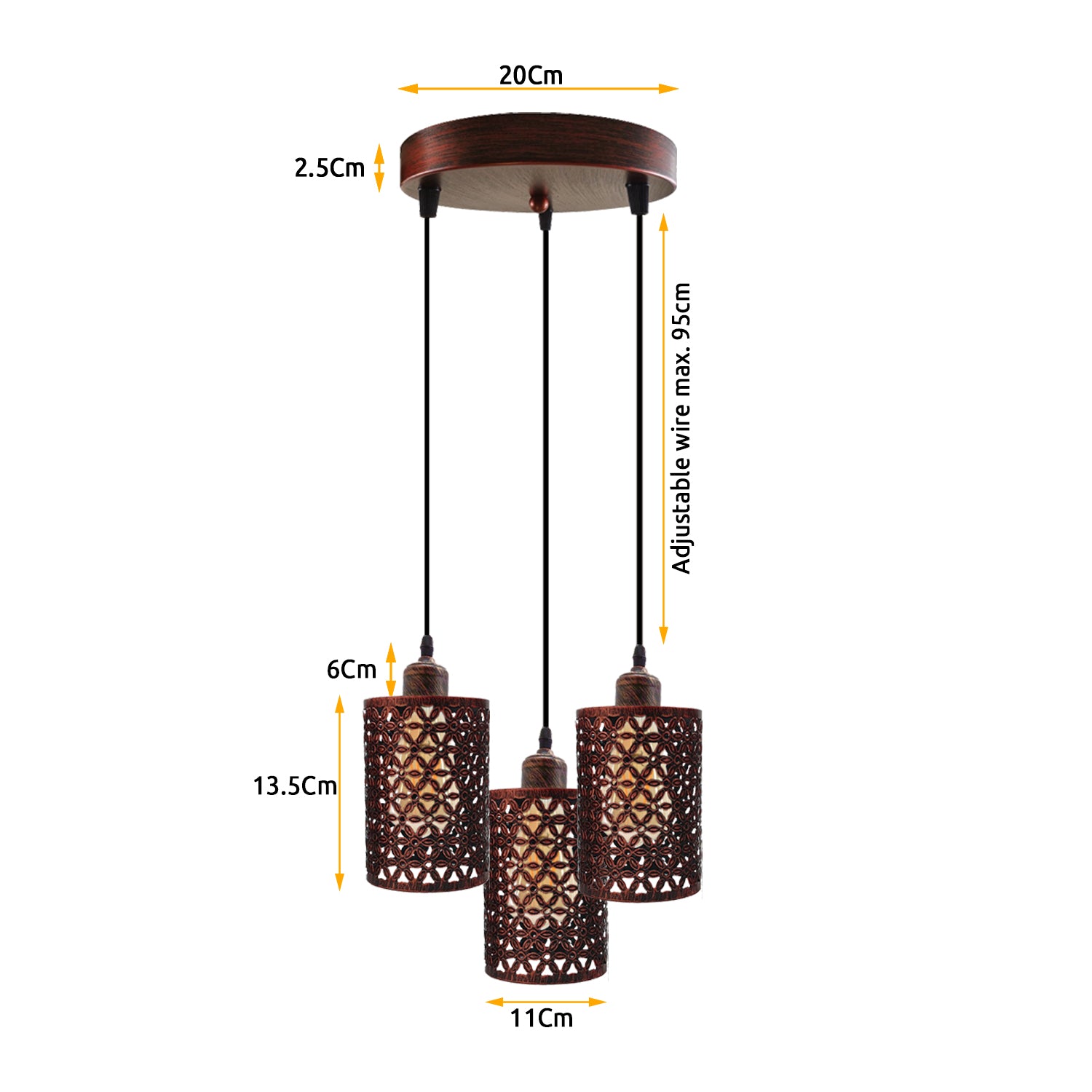 Industrial Retro 3 Way metallic Round Ceiling Pendant Lamp Shade featuring three metallic barrel cages and adjustable cables.