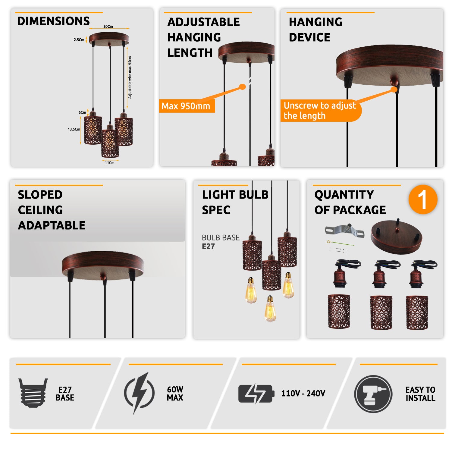 Industrial Retro 3 Way metallic Round Ceiling Pendant Lamp Shade featuring three metallic barrel cages and adjustable cables.