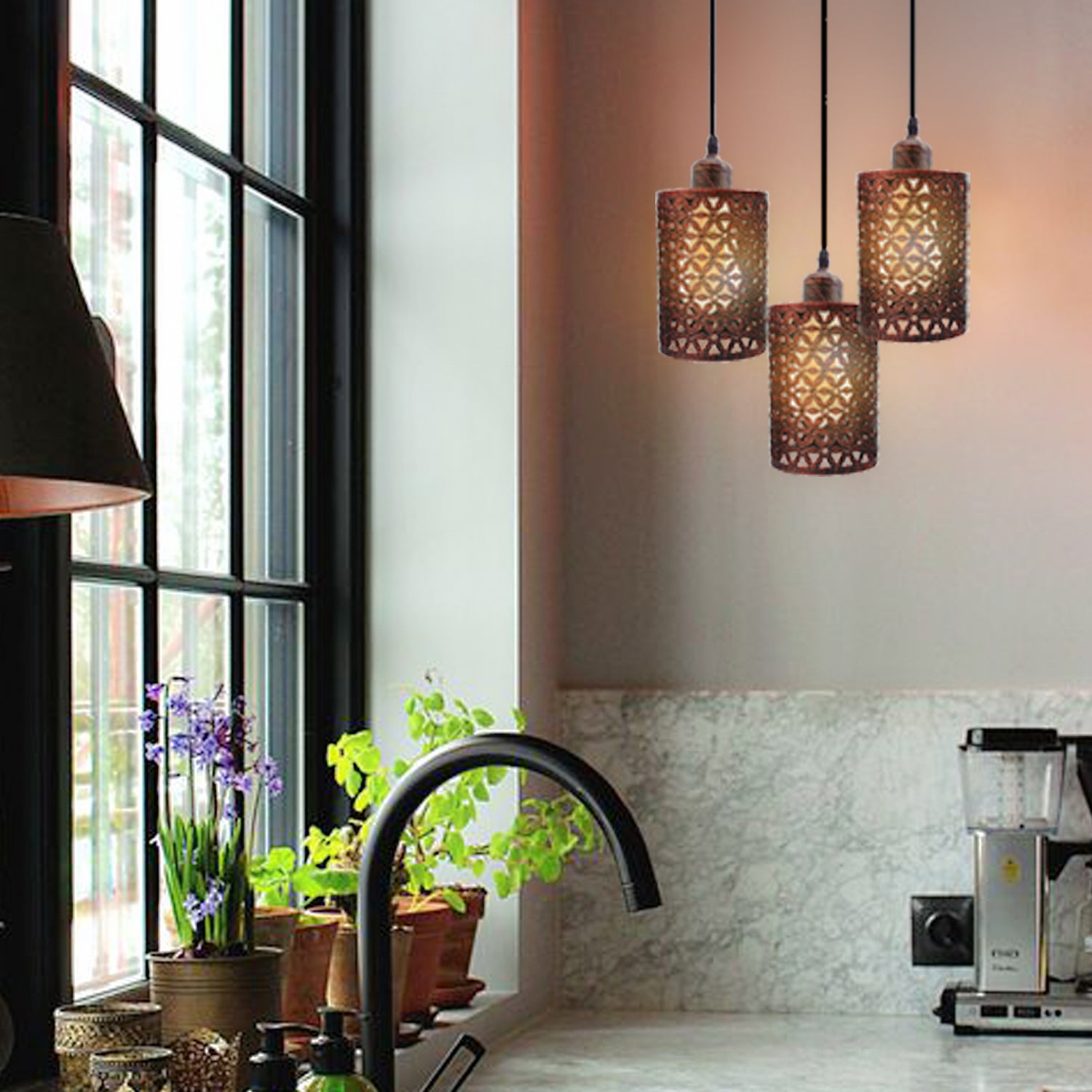 Industrial Retro 3 Way metallic Round Ceiling Pendant Lamp Shade featuring three metallic barrel cages and adjustable cables.