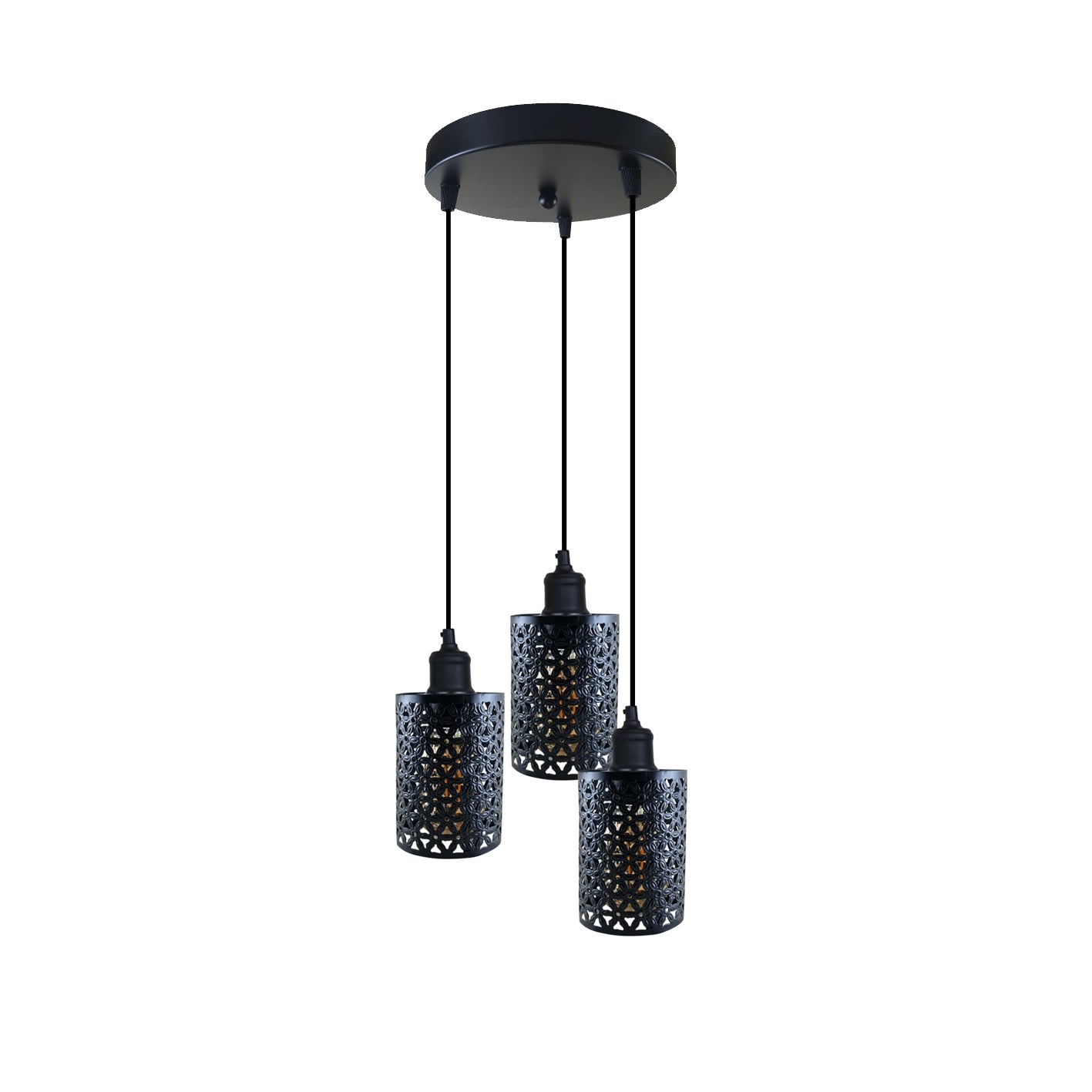 Industrial Retro 3 Way metallic Round Ceiling Pendant Lamp Shade featuring three metallic barrel cages and adjustable cables.