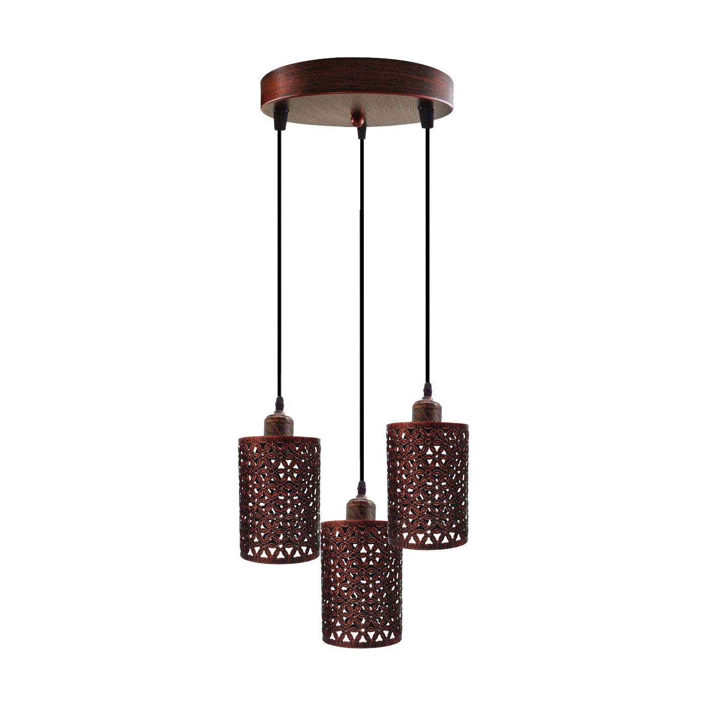 Industrial Retro 3 Way metallic Round Ceiling Pendant Lamp Shade featuring three metallic barrel cages and adjustable cables.