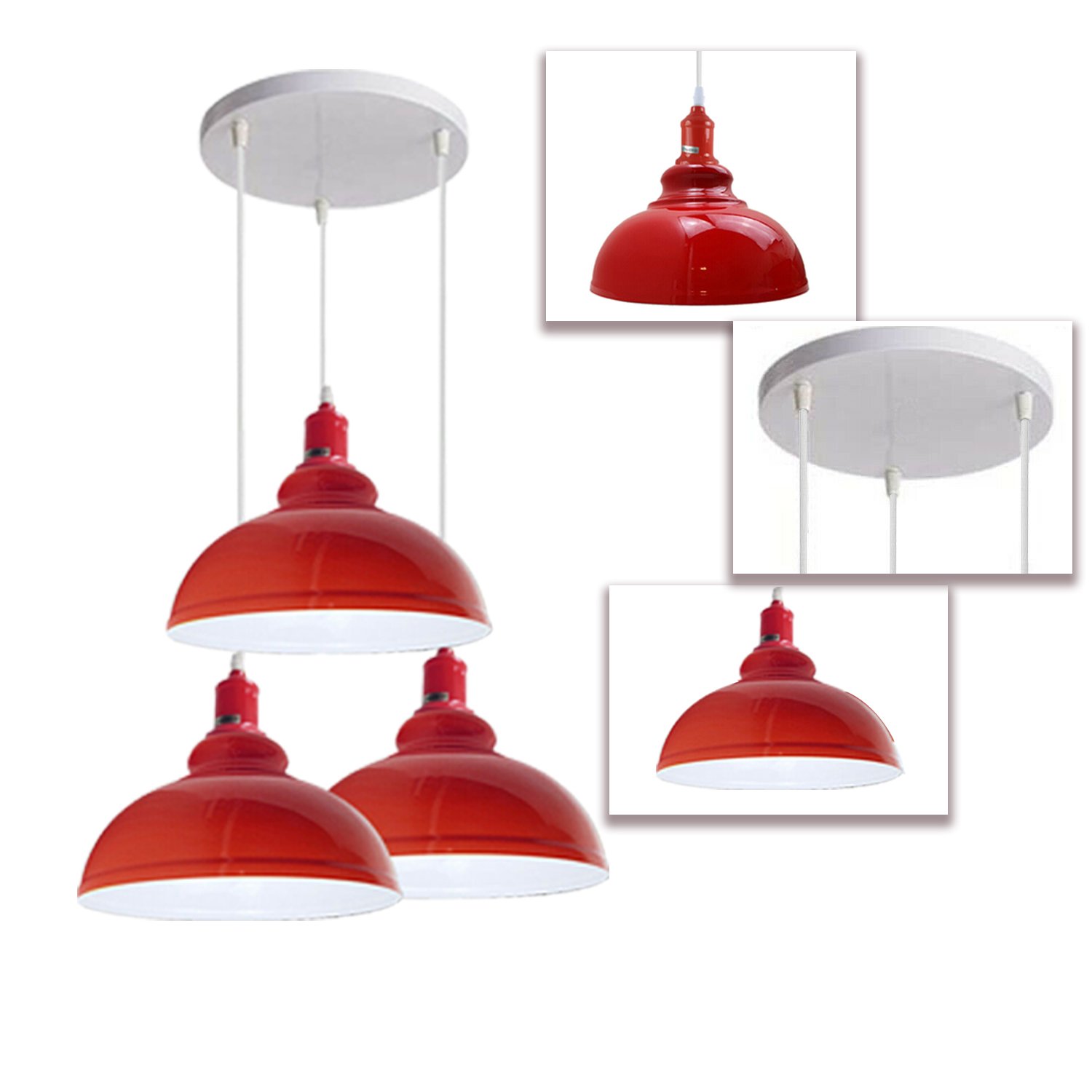 Industrial Retro Pendant Light Shade in red, featuring three light holders and metal construction, perfect for stylish home decor.