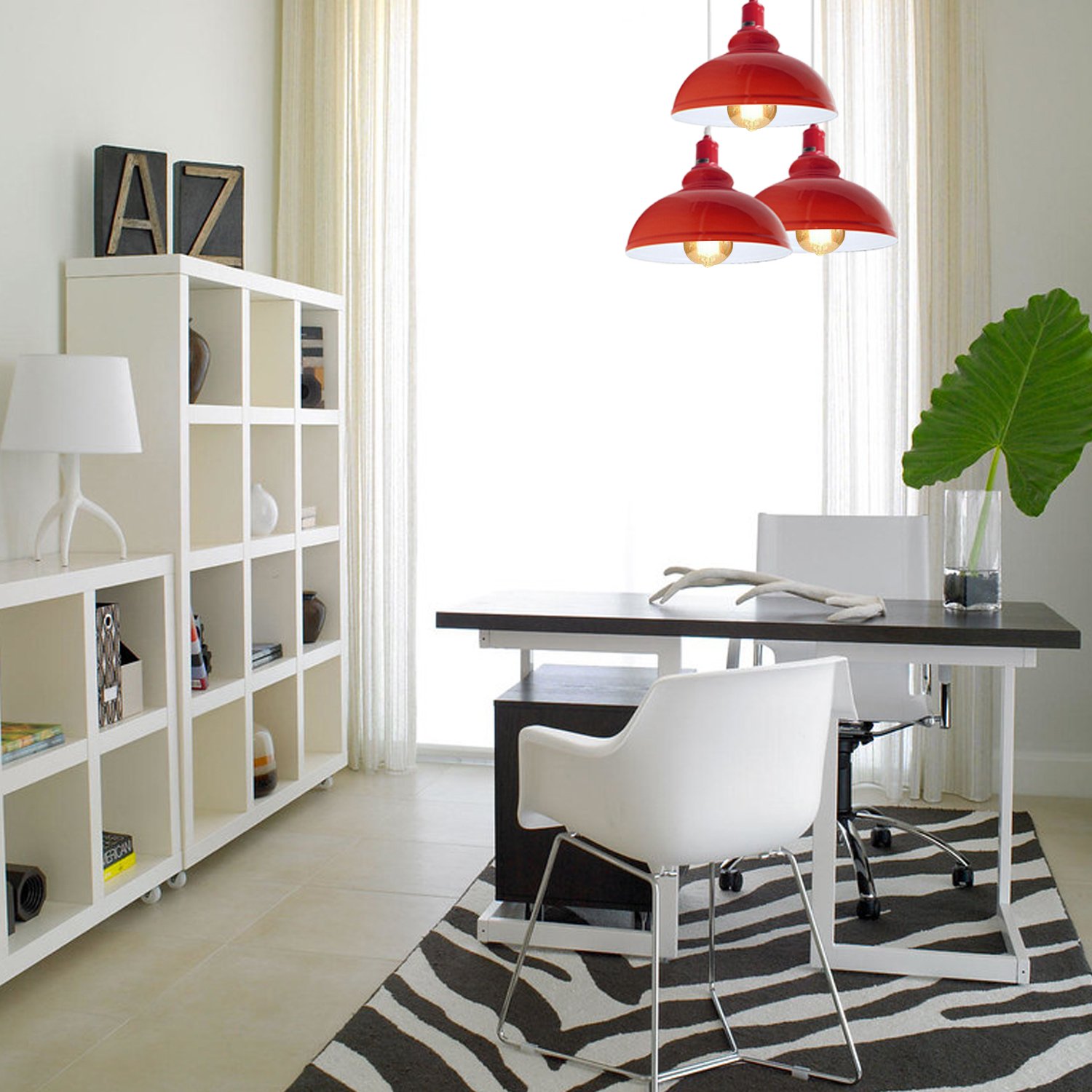 Industrial Retro Pendant Light Shade in red, featuring three light holders and metal construction, perfect for stylish home decor.