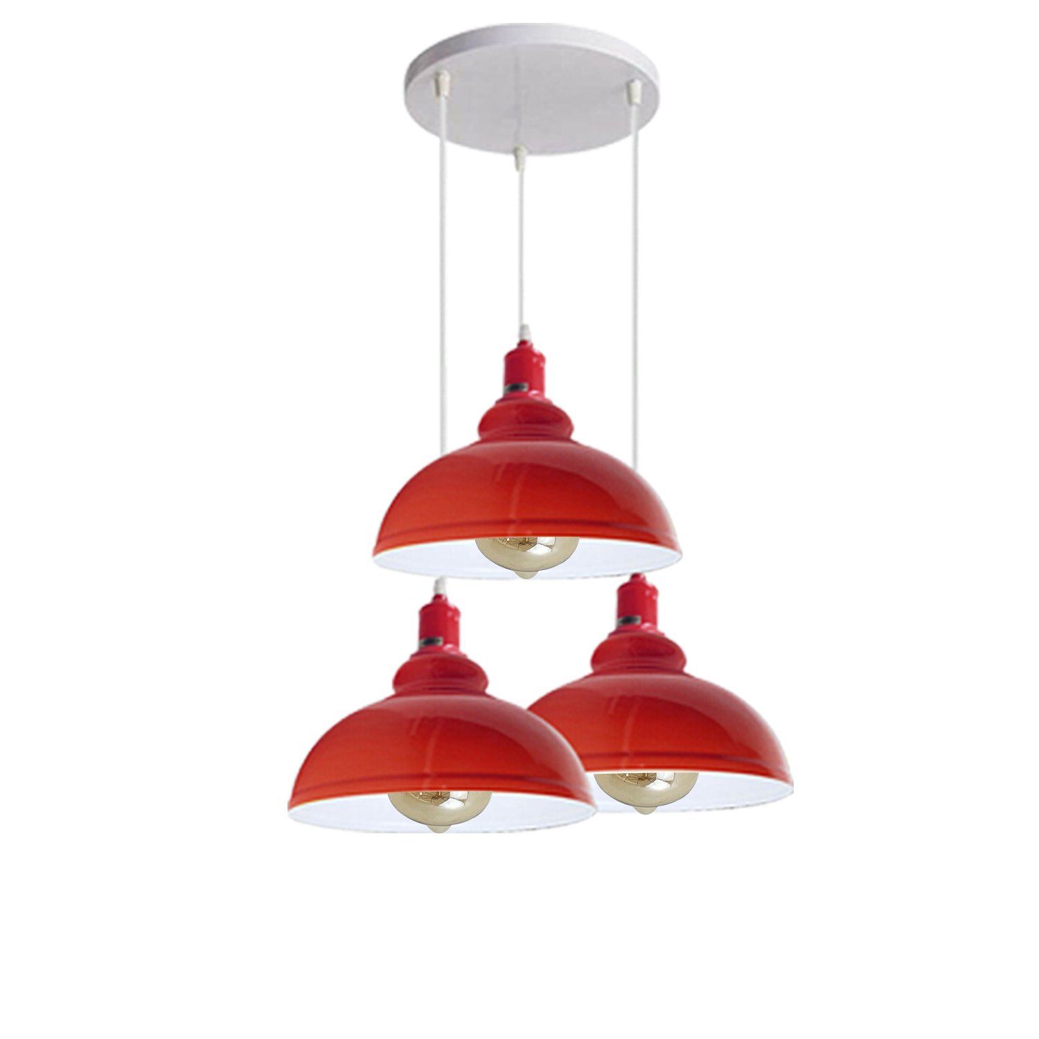 Industrial Retro Pendant Light Shade in red, featuring three light holders and metal construction, perfect for stylish home decor.