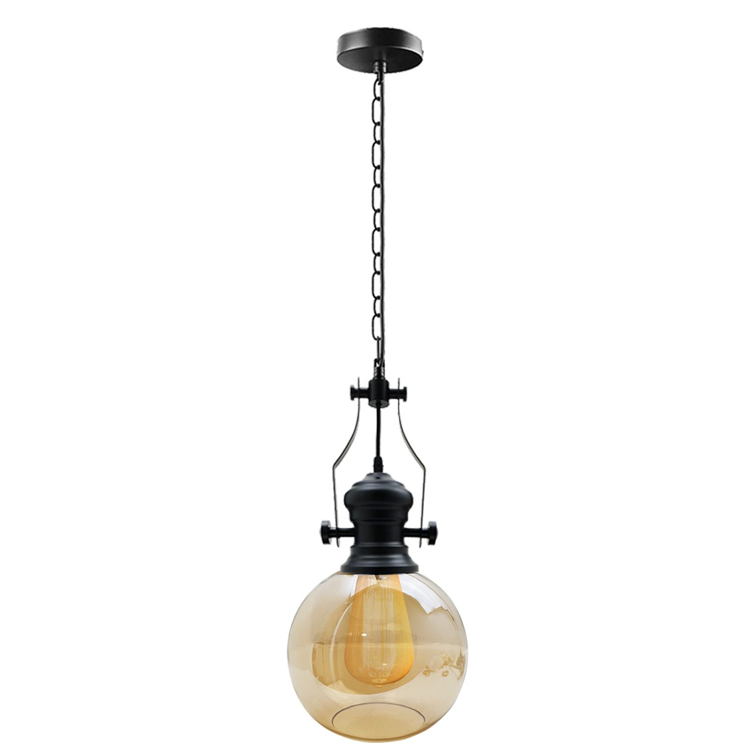 Industrial Retro Pendant Light with amber glass shade and metal cage, perfect for vintage decor.