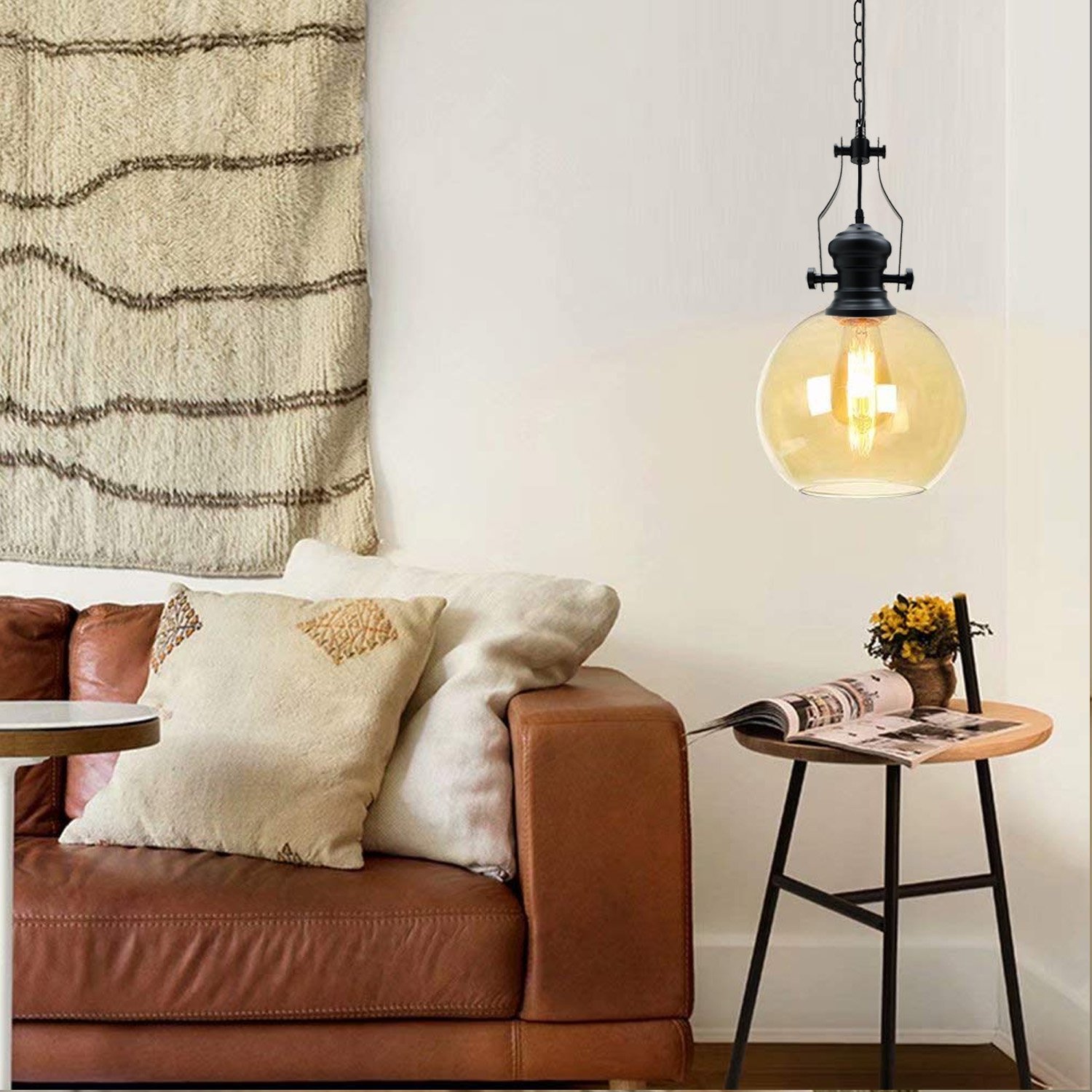 Industrial Retro Pendant Light with amber glass shade and metal cage, perfect for vintage decor.