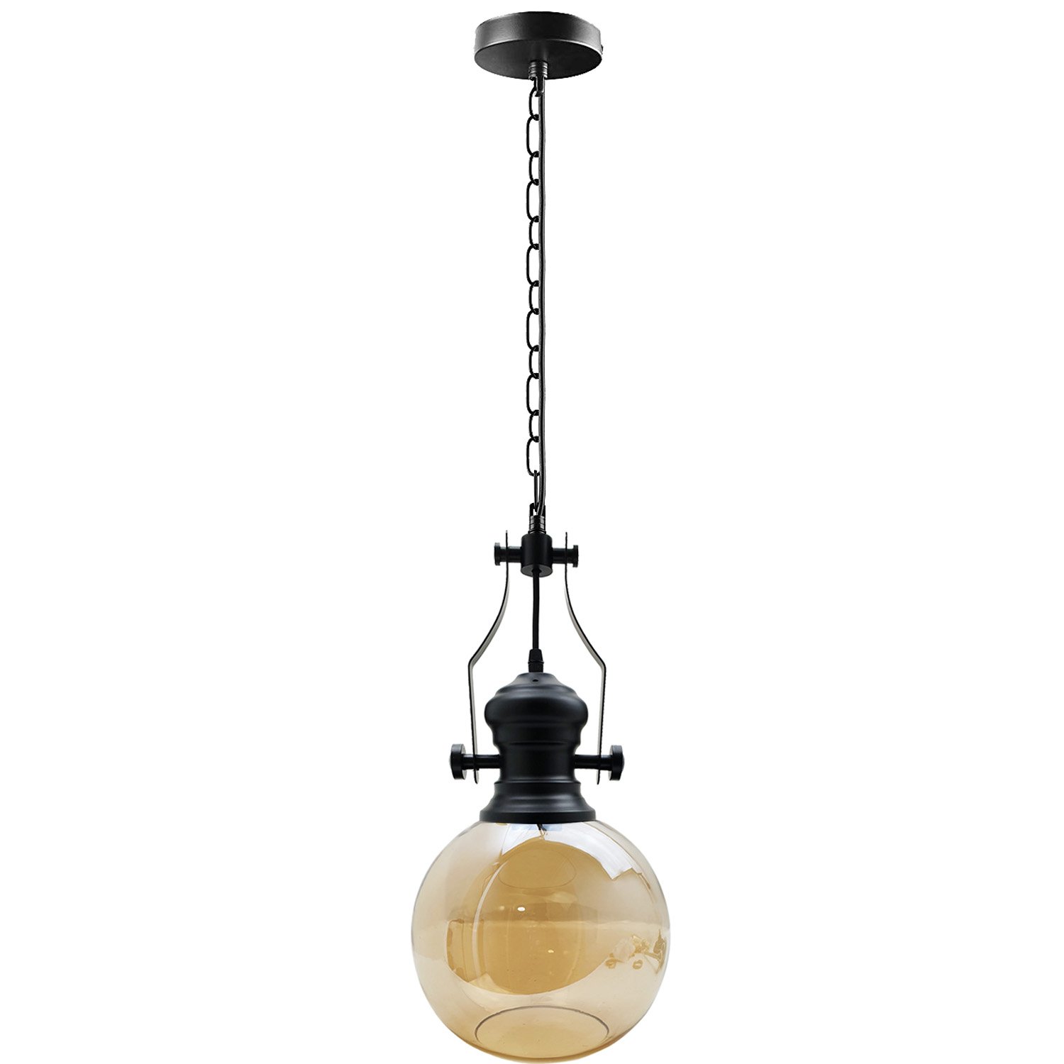 Industrial Retro Pendant Light with amber glass shade and metal cage, perfect for vintage decor.