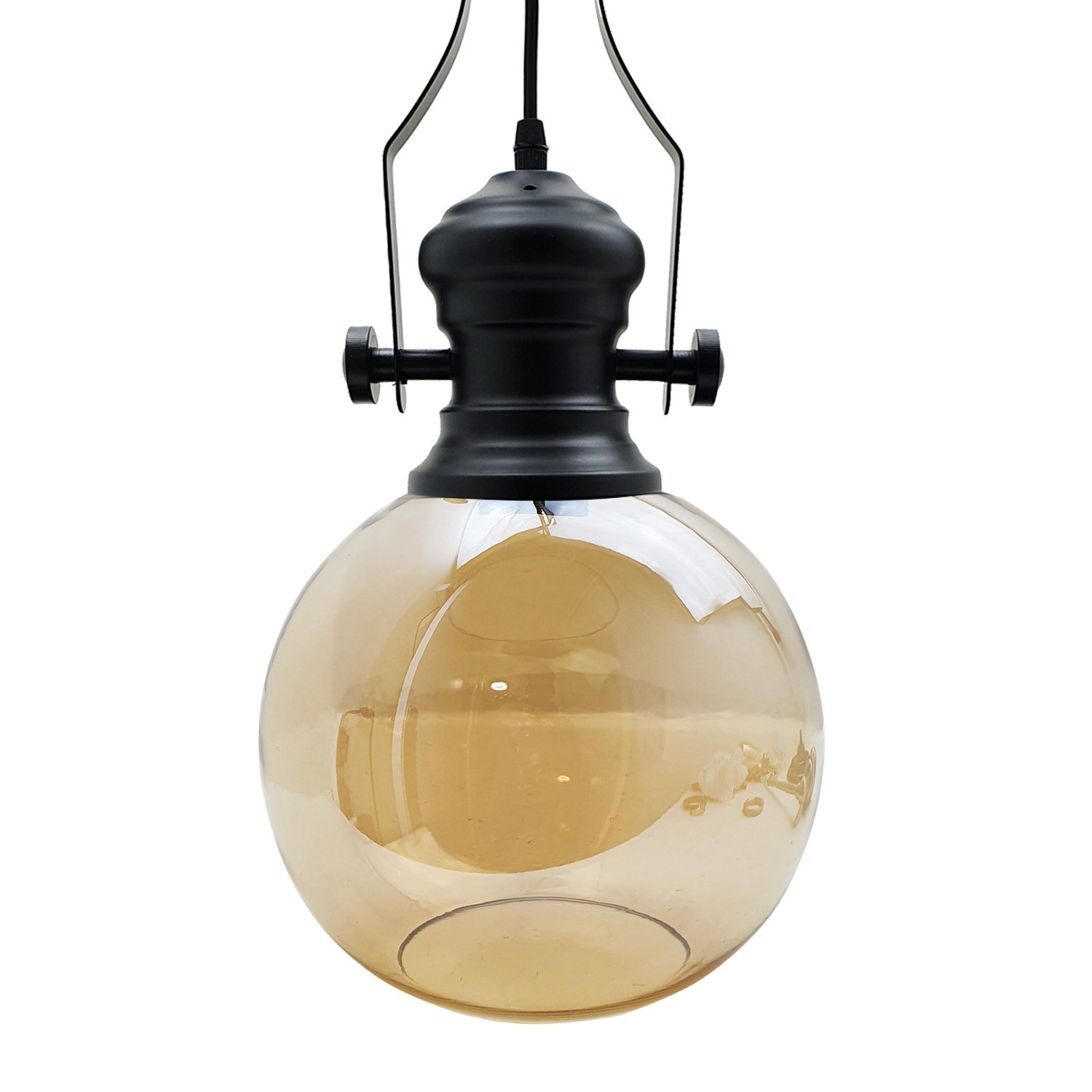 Industrial Retro Pendant Light with amber glass shade and metal cage, perfect for vintage decor.