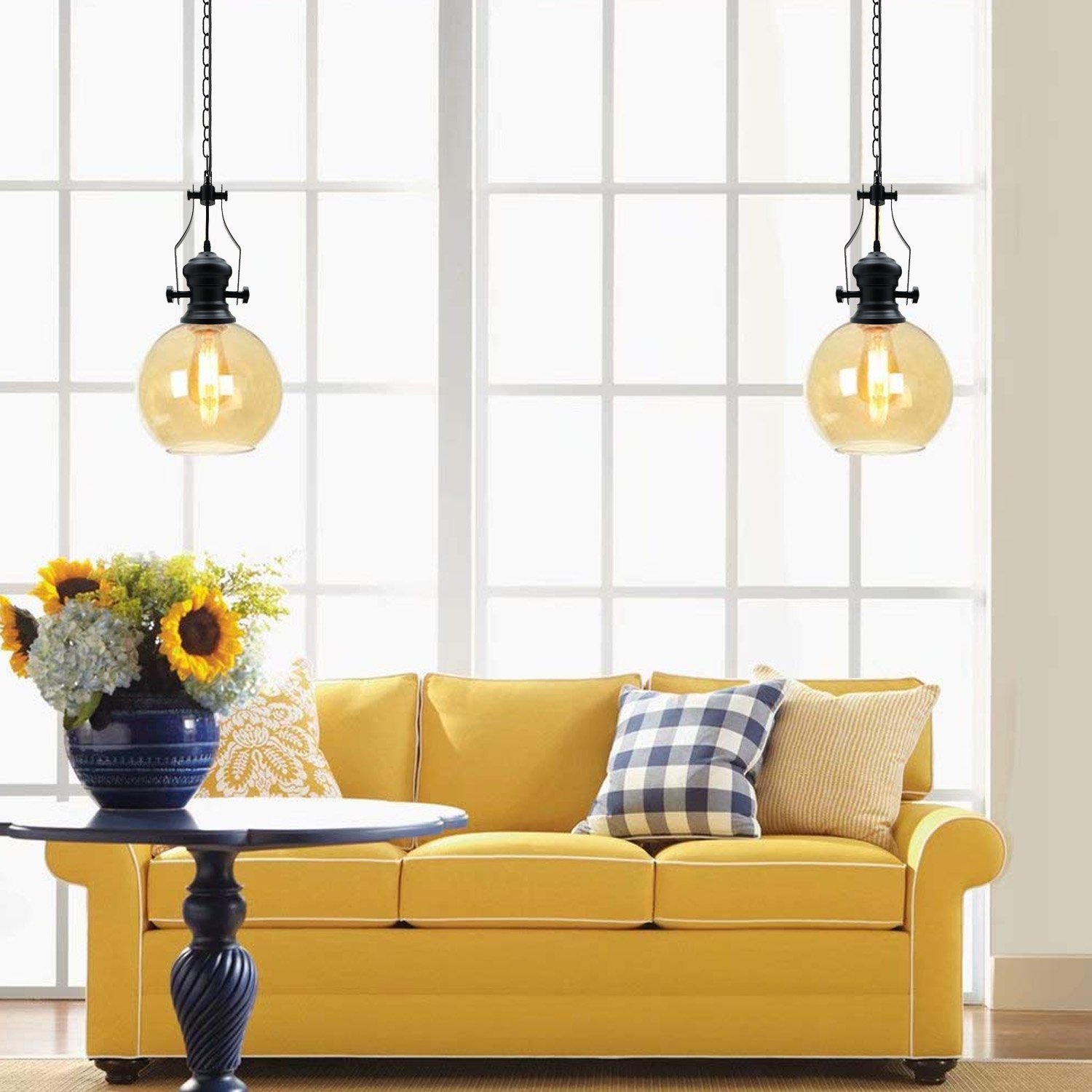 Industrial Retro Pendant Light with amber glass shade and metal cage, perfect for vintage decor.