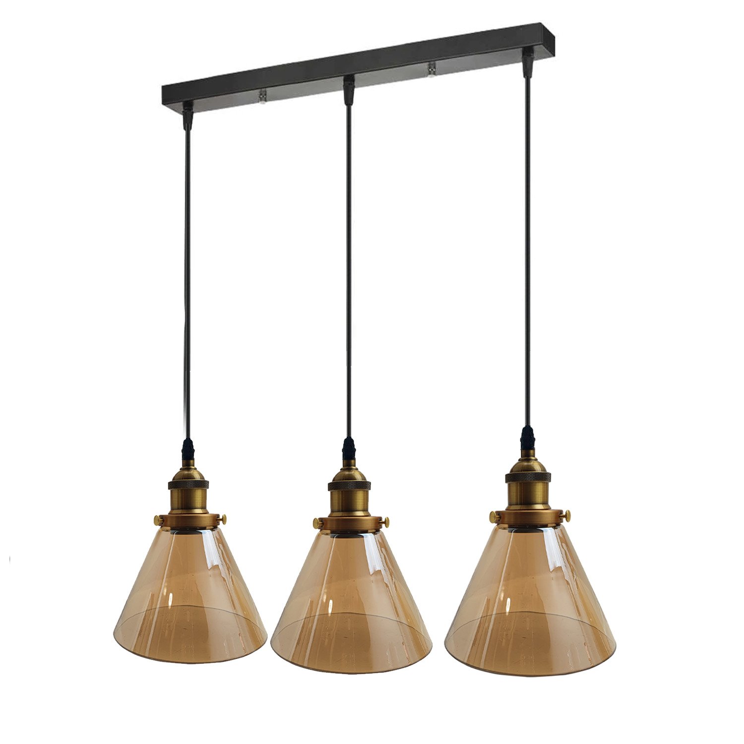 Industrial Retro Pendant Light with amber glass lampshades and black finish, featuring three adjustable pendant lights.