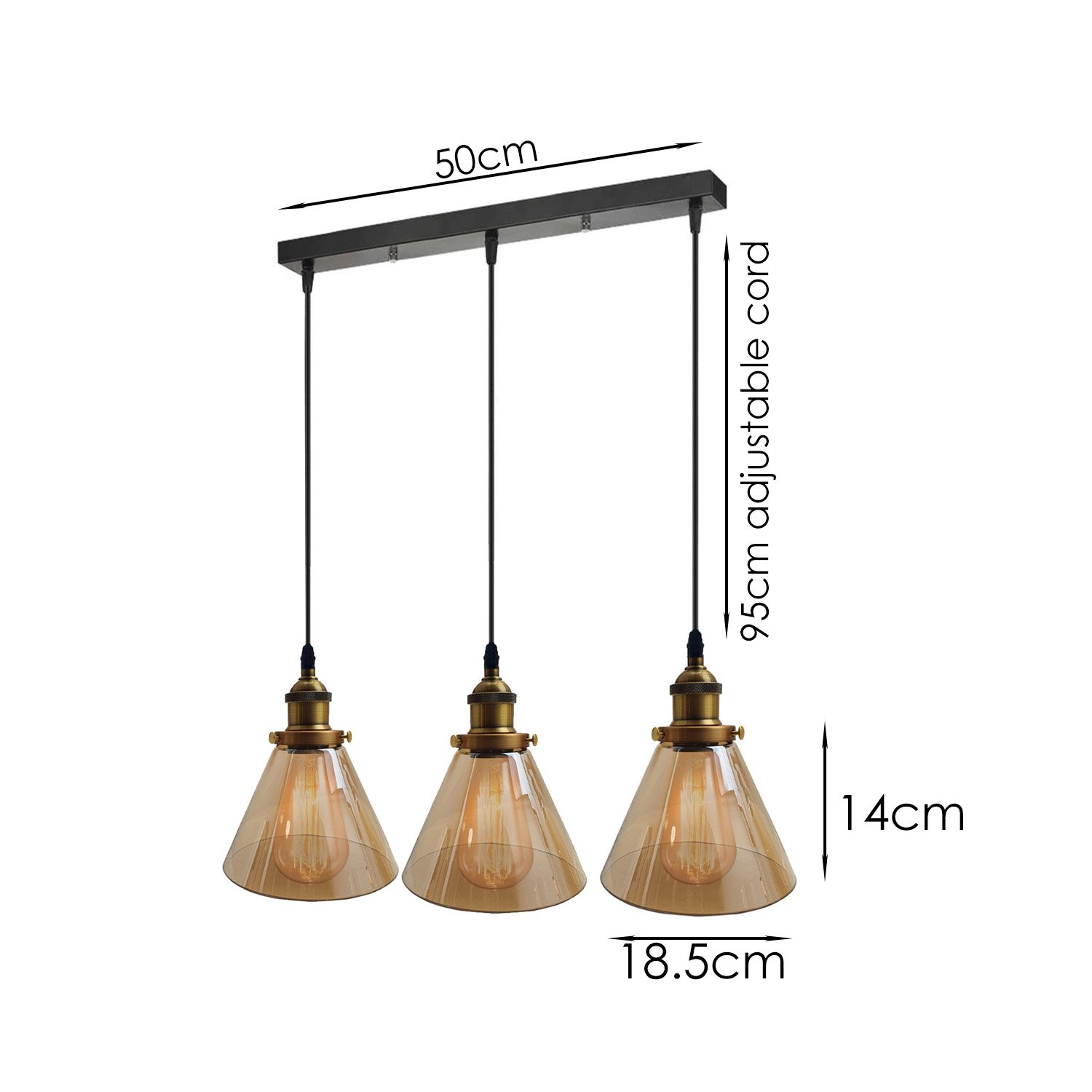 Industrial Retro Pendant Light with amber glass lampshades and black finish, featuring three adjustable pendant lights.