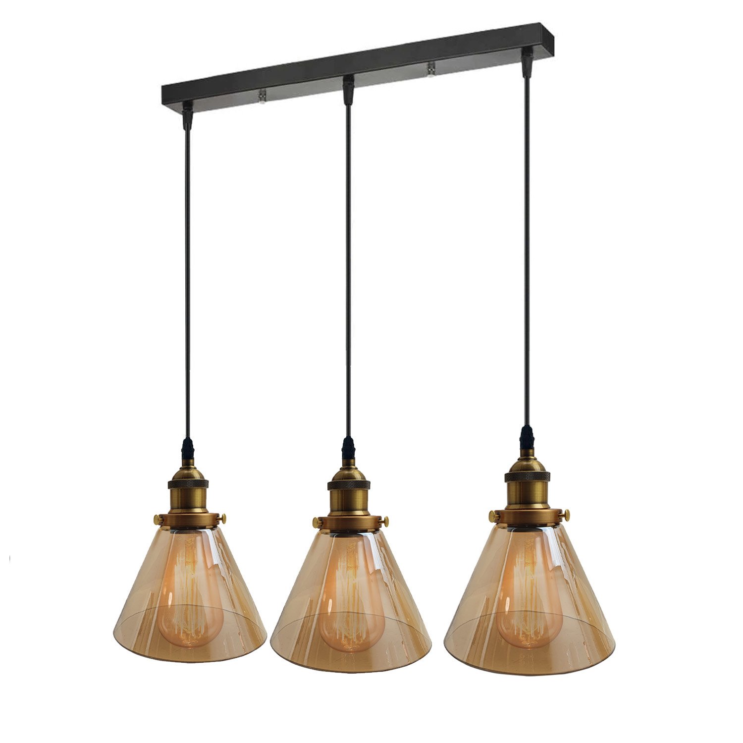 Industrial Retro Pendant Light with amber glass lampshades and black finish, featuring three adjustable pendant lights.