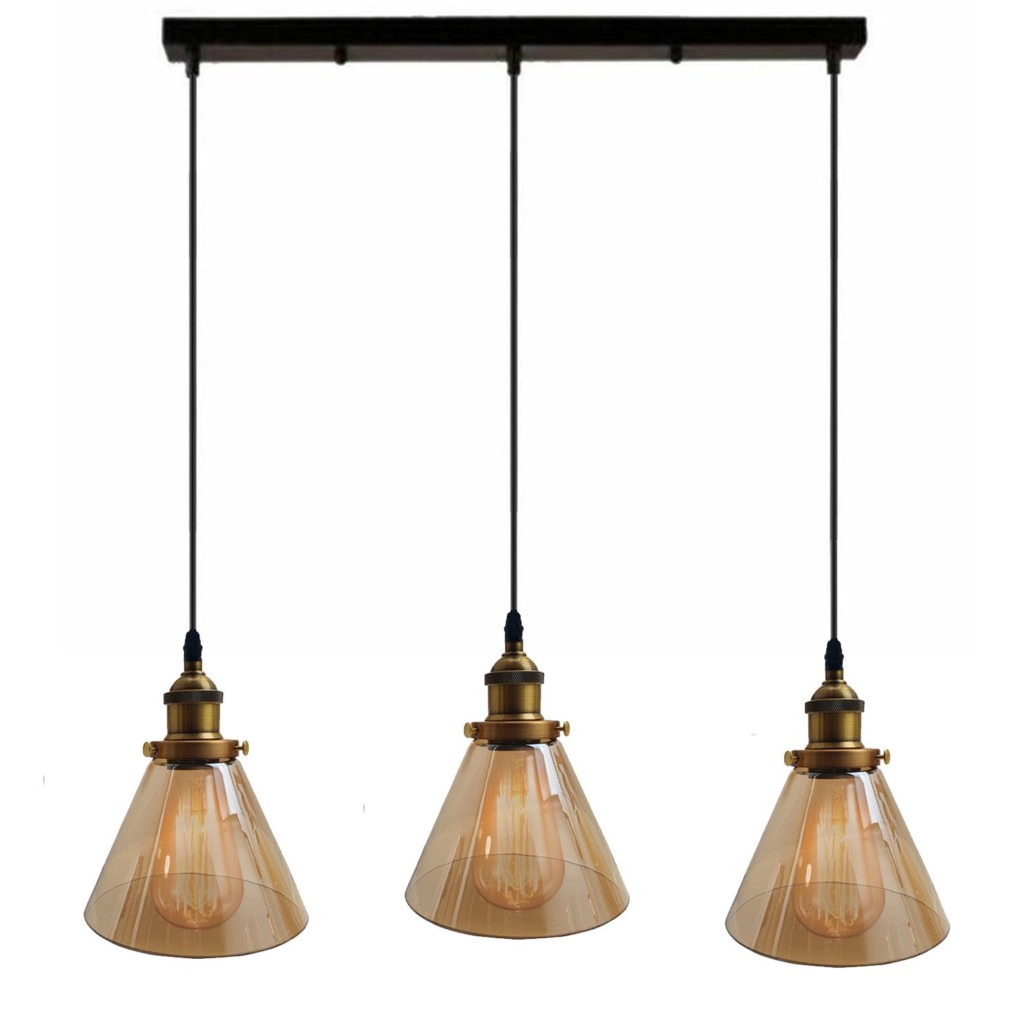 Industrial Retro Pendant Light with amber glass lampshades and black finish, featuring three adjustable pendant lights.