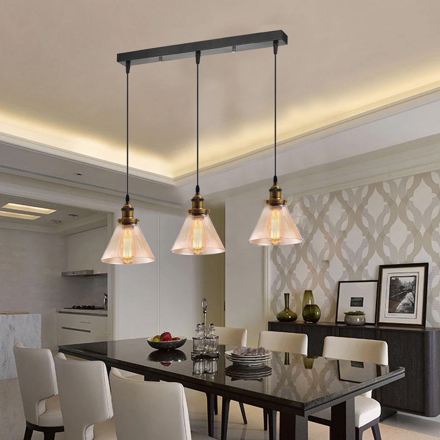 Industrial Retro Pendant Light with amber glass lampshades and black finish, featuring three adjustable pendant lights.