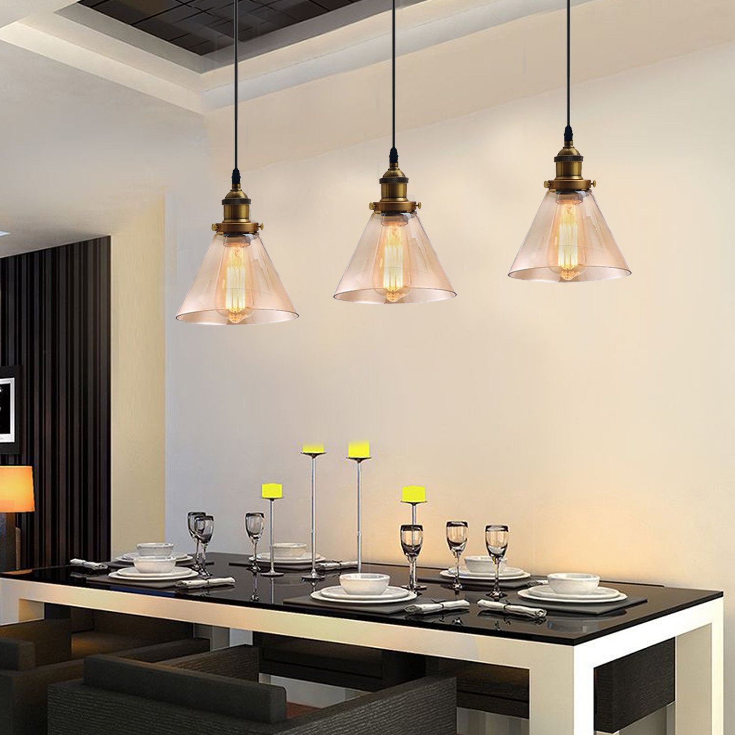 Industrial Retro Pendant Light with amber glass lampshades and black finish, featuring three adjustable pendant lights.