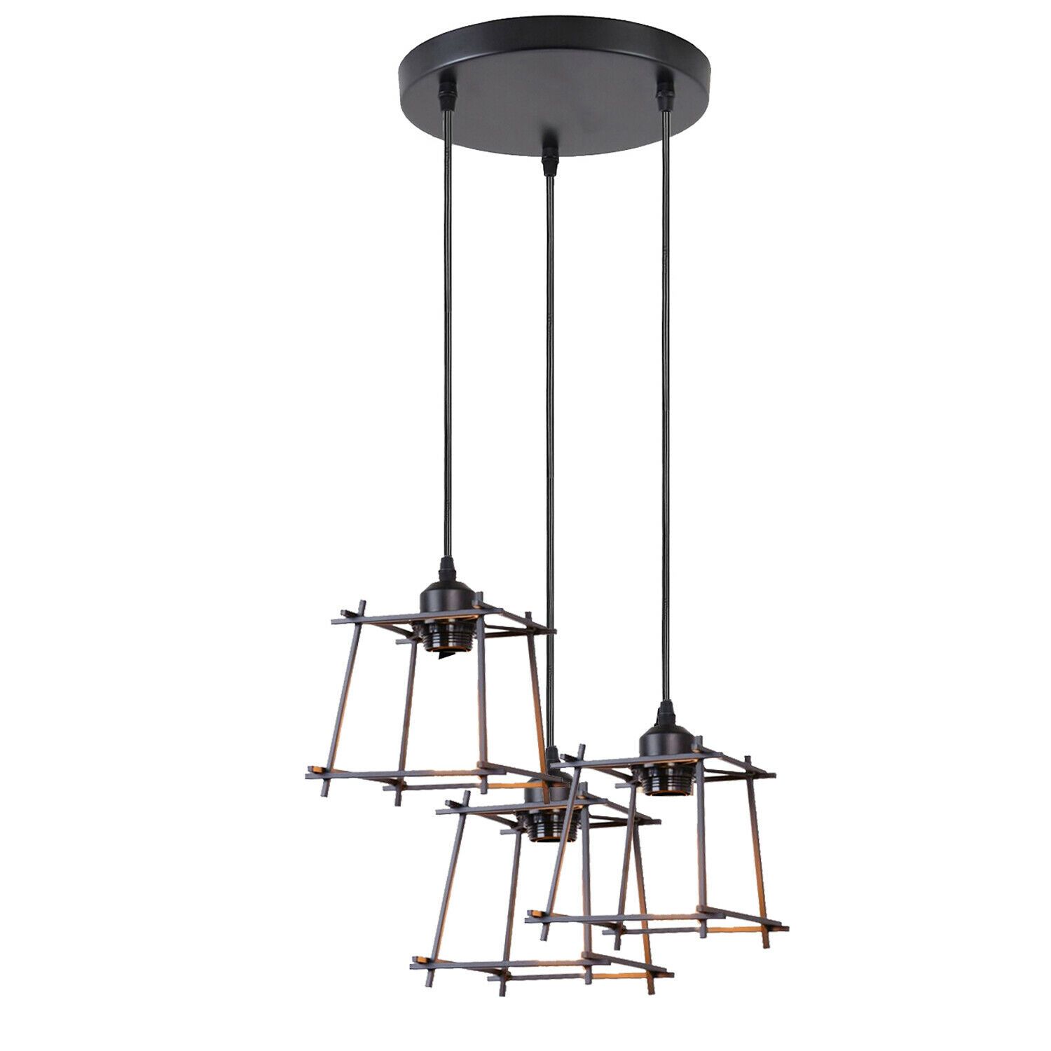 Industrial Square Wire Cage Ceiling Pendant Light with three light holders and black metal finish, perfect for modern decor.